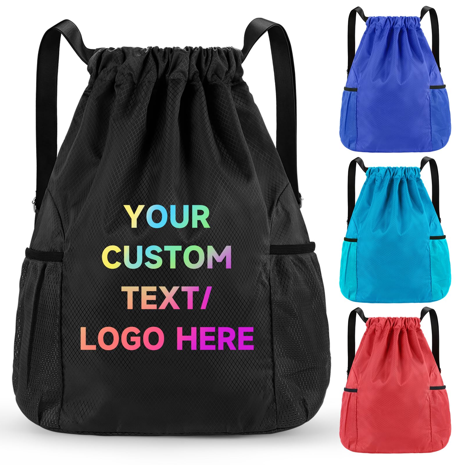 Custom Waterproof Drawstring Backpack Bulk, Thickened Custom Bags With Your Logo & 2 Side Pockets, Portable String Backpacks, Promotional Items Cinch