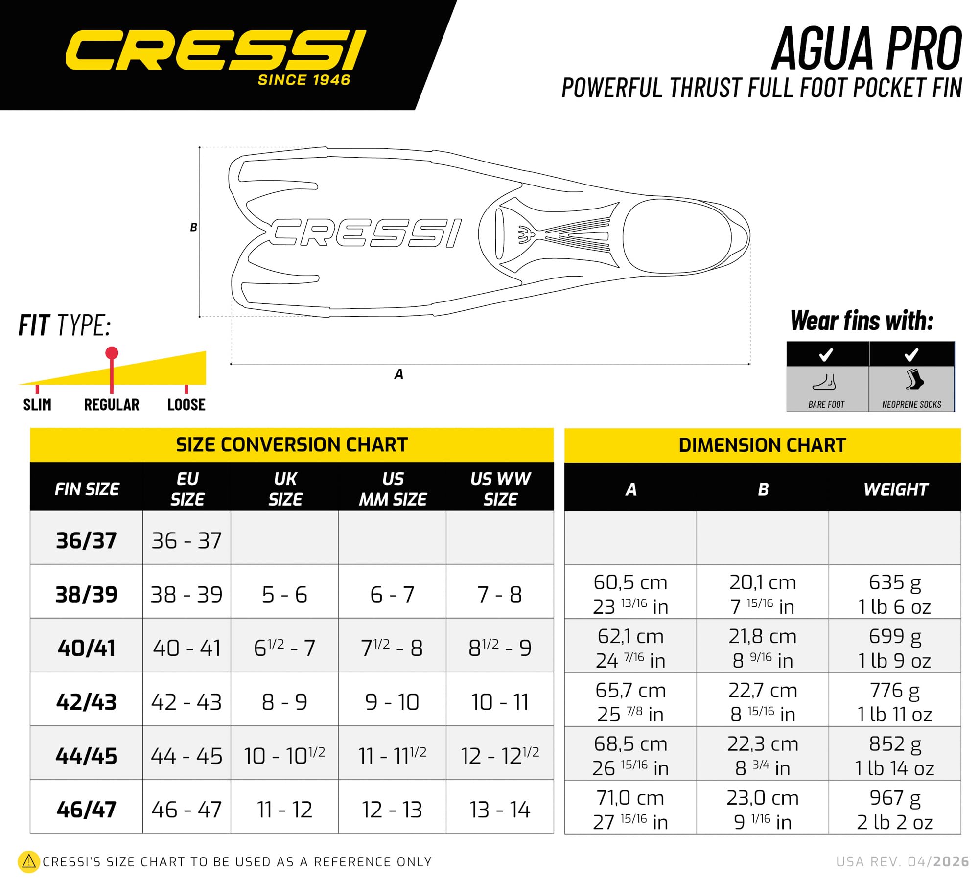 Cressi Agua PRO Fins - Pinna a Scarpetta Chiusa Ideale per Snorkeling Apnea Piscina Immersioni Grazie alla Sua Struttura Resistente e Affidabile Unisex Adulto