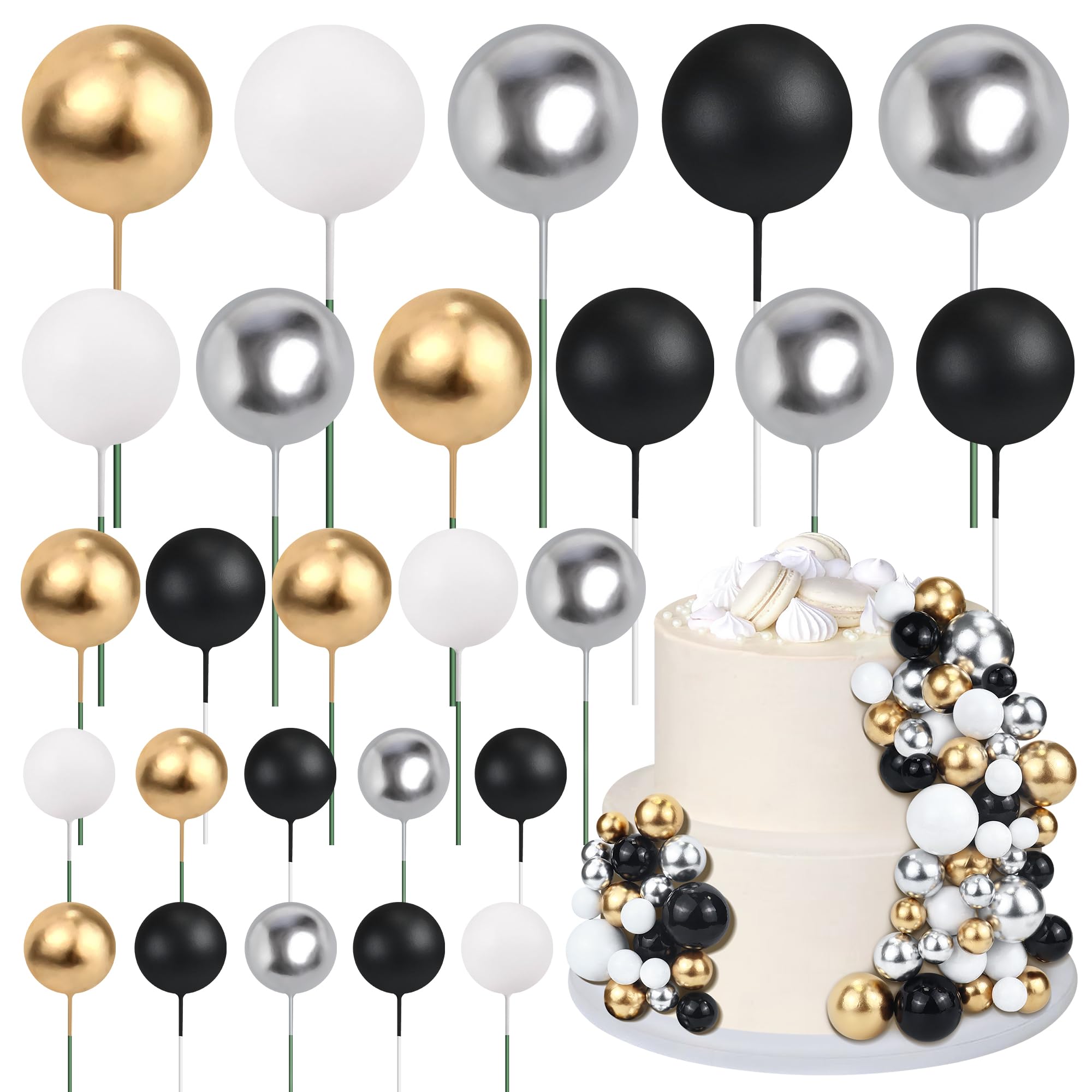 68PCS Ball Cake Topper Decorations Mini Balloons Cake Topper Sticks Black Balls Cake Picks Cake Topper Balls Cake Decorations for Wedding Birthday Cake Decorations