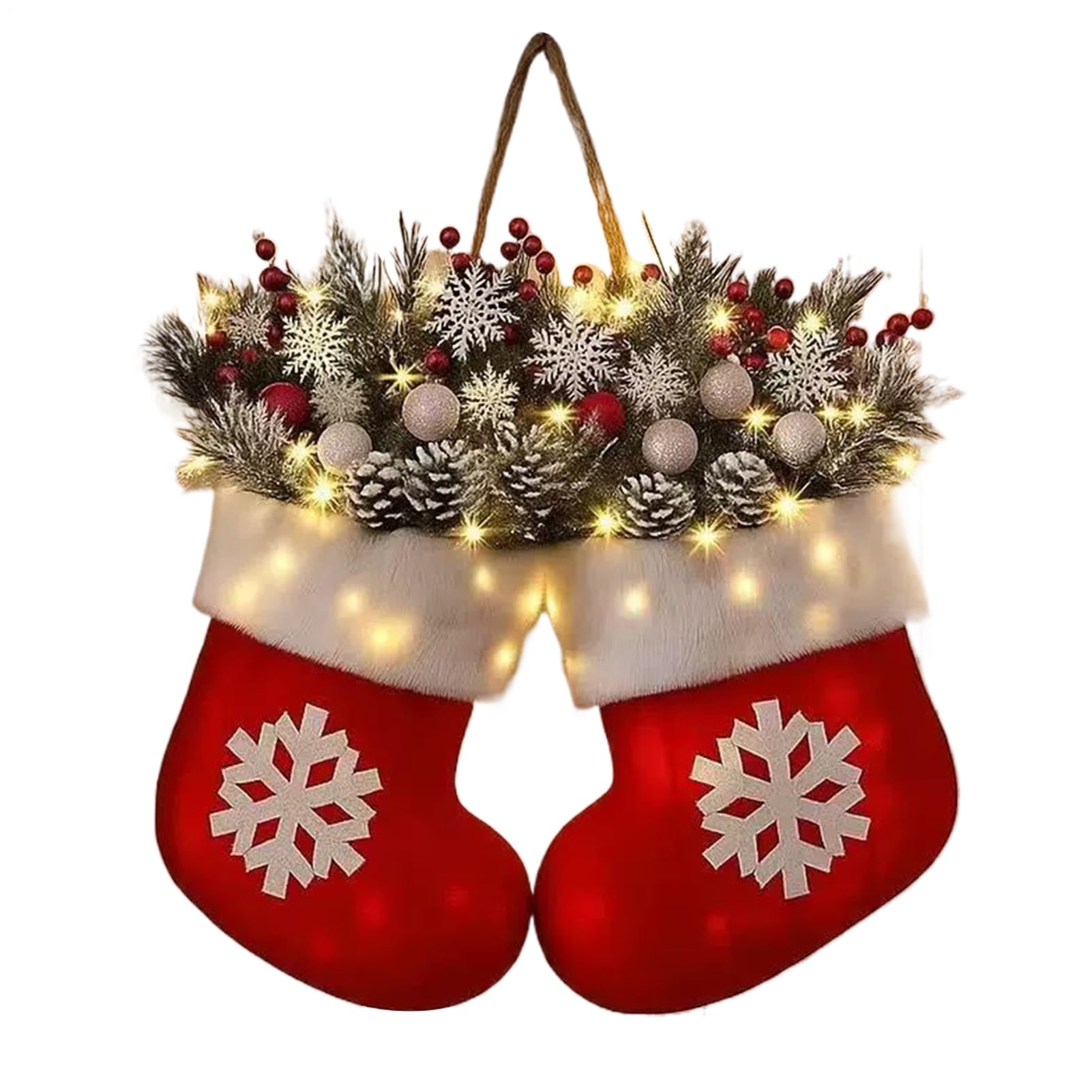 Christmas Wreaths for Front Door, 30X40CM Twinkling Christmas Mitten Socks Wreath, Cute Christ-mas Door Wreaths with Light, Lighted Christ-mas Wreath Wall Decorations Novelty, for Indoor Outdoor
