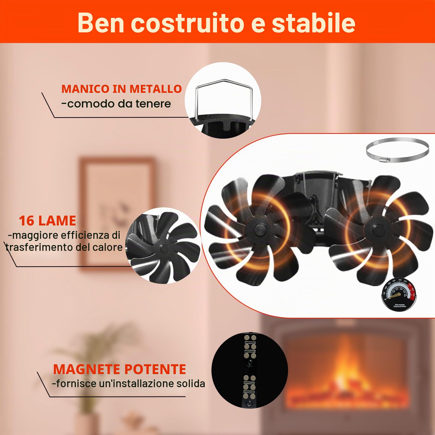 Tomersun Ventilatore magnetico per camino, ventilatore da forno senza corrente con 16 fogli, silenzioso, ventilatore per legna da ardere, focolare con termometro e 1 pezzo di ricambio