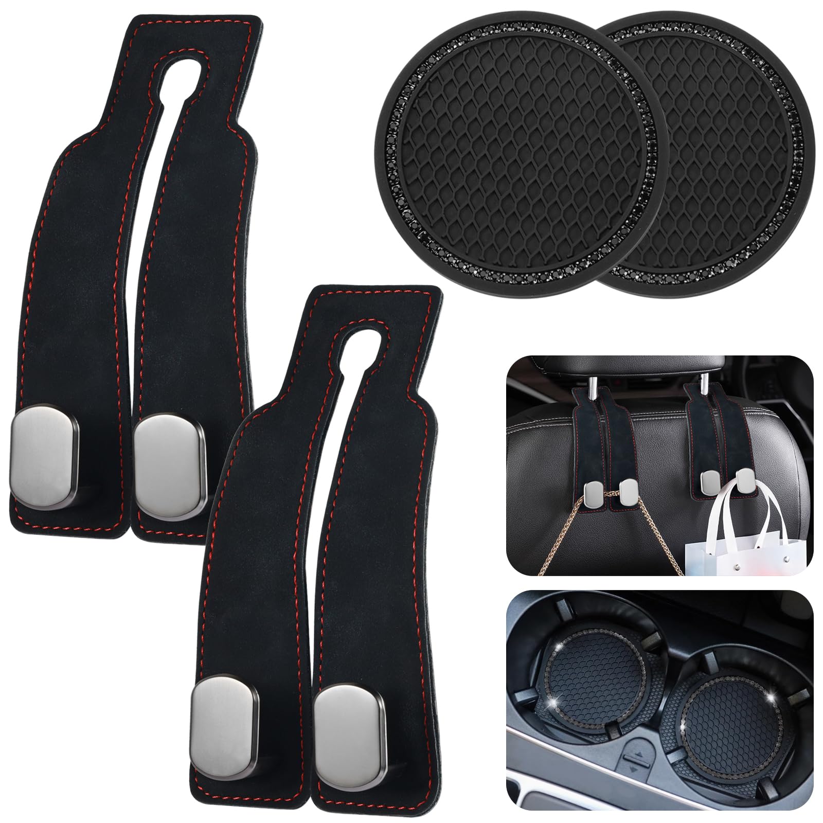 2PCS Car Seat Back Double Hook with Car Coasters,Leather Car Seat Hooks,Car Headrest Hook Multifunctional Car Hanger Storage Car seat Storage Hook for Bags Purses Handbags (Black)