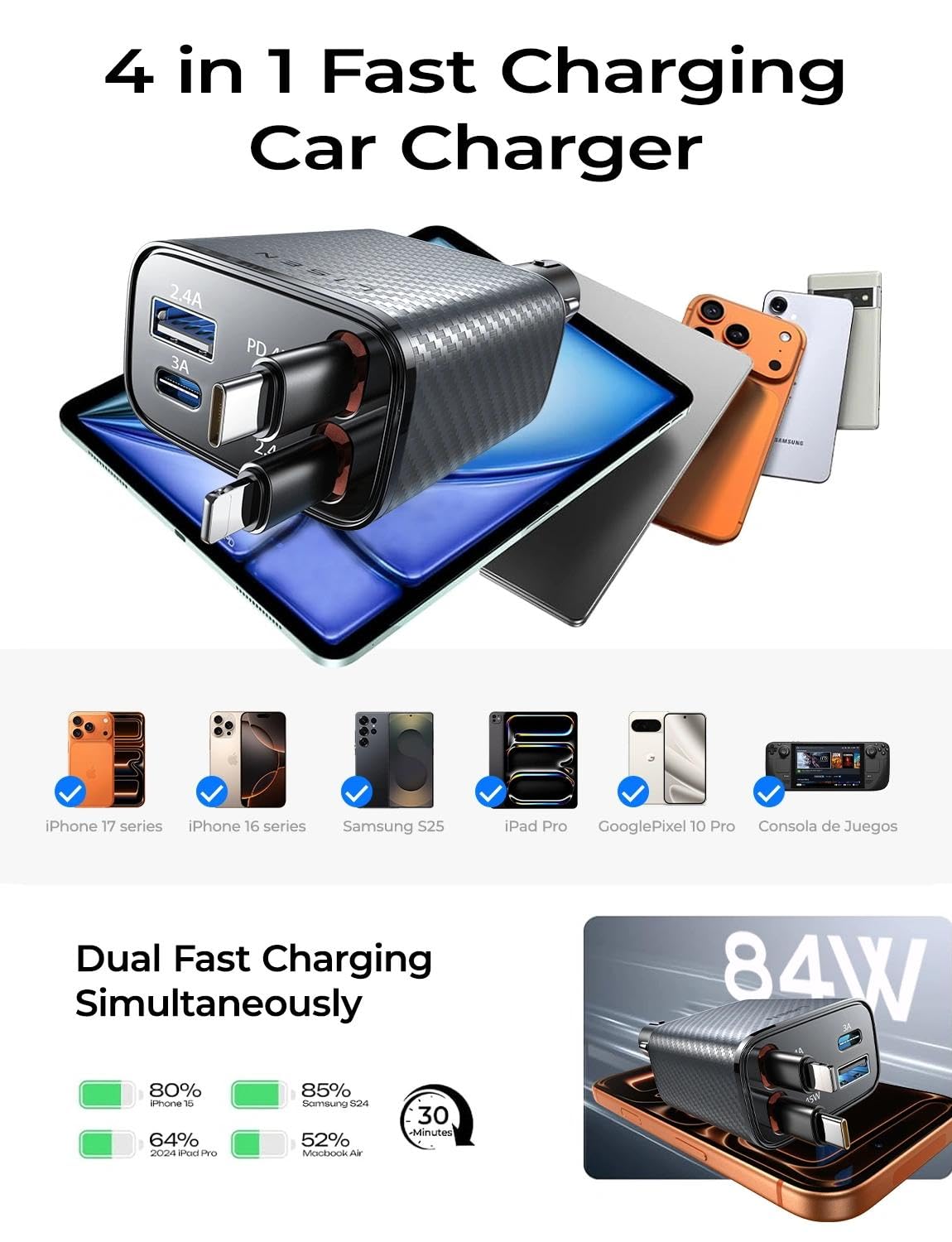 LISEN Retractable Car Charger, 84W Car Charger USB C Fast Charger Adapter, Car Accessories for Men Women, Gifts for Fathers Day for Men Dad Husband, for iPhone 17 16 15 14 13 12 Pro Max, Carbon-Grey view 7