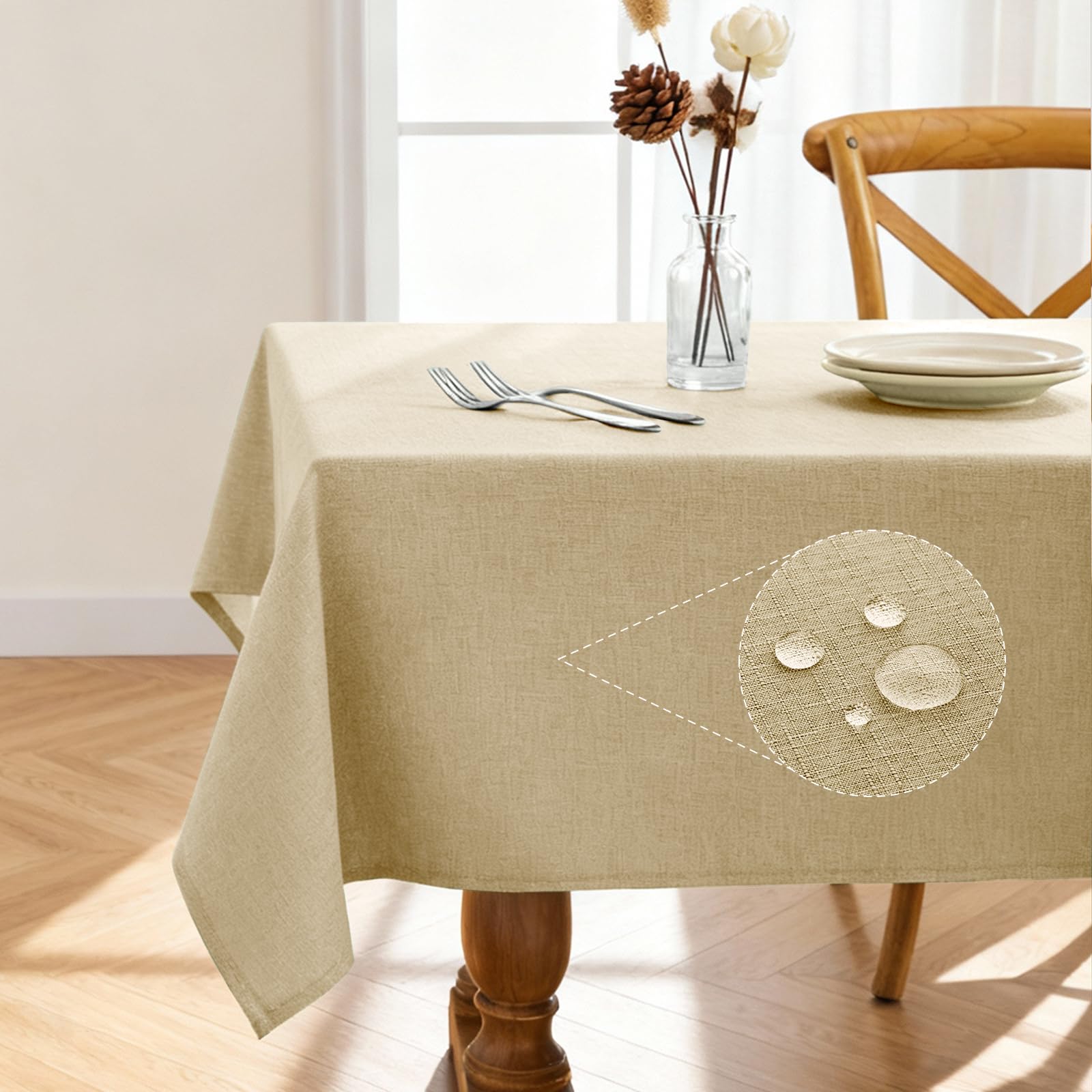 Pureegg Rectangle Linen Tablecloth Waterproof & Stain Resistant, Wrinkle-Free Table Cloth Adds Elegance and Protection, Ideal for Dining, Party, Wedding and Outdoor, 60 x 84 Inch, Beige