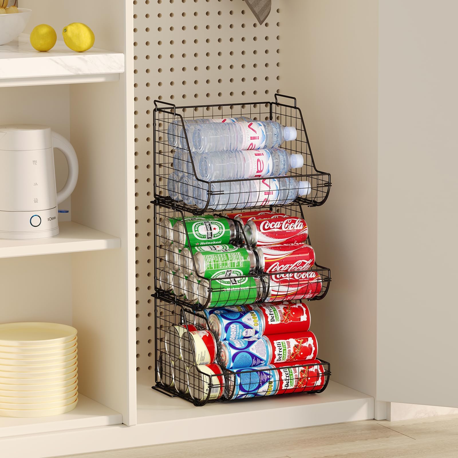 Dispensadores de latas apilables de 3 niveles con 3 divisores, organizador grande de latas de despensa, soporte para botellas de agua de pie, cesta de almacenamiento de latas de refrescos para