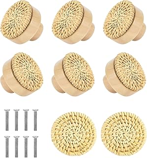 UOIENRT 8Pcs Rattan Drawer Knob, Wooden Cabinet Knob Handle, Boho Dresser Knob Hardware, Handmade Woven Wicker Drawer Knob for Kitchen, Cabinet, Dresser Pull, Furniture Knobs, Rattan, 1.57 Inch / 40mm