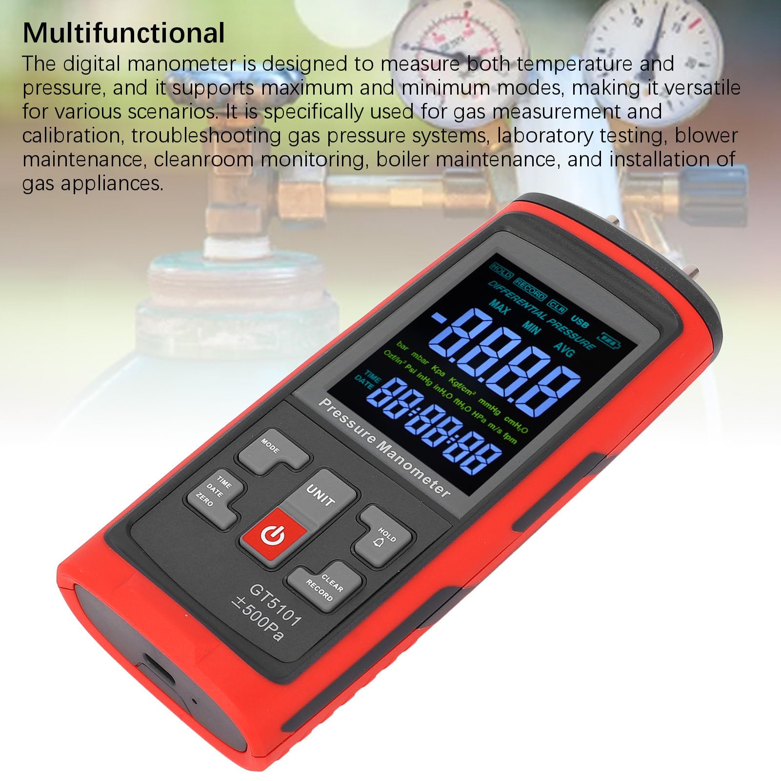 Generic Manómetro Digital Medidor de Presión Diferencial Multifuncional de Alta Resolución para Medición de Gas Pruebas de Laboratorio Material ABS