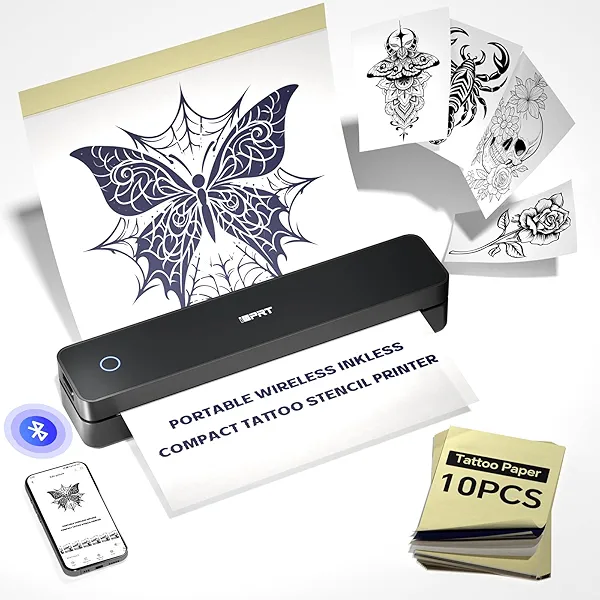 iDPRT Tattoo Stencil Printer,Wireless Thermal Tattoo Printer with 10pcs Tattoo Transfer Paper,Bluetooth Portable Tattoo Machine for Artists & Beginners,Compatible with Smartphone/Tablet/PC