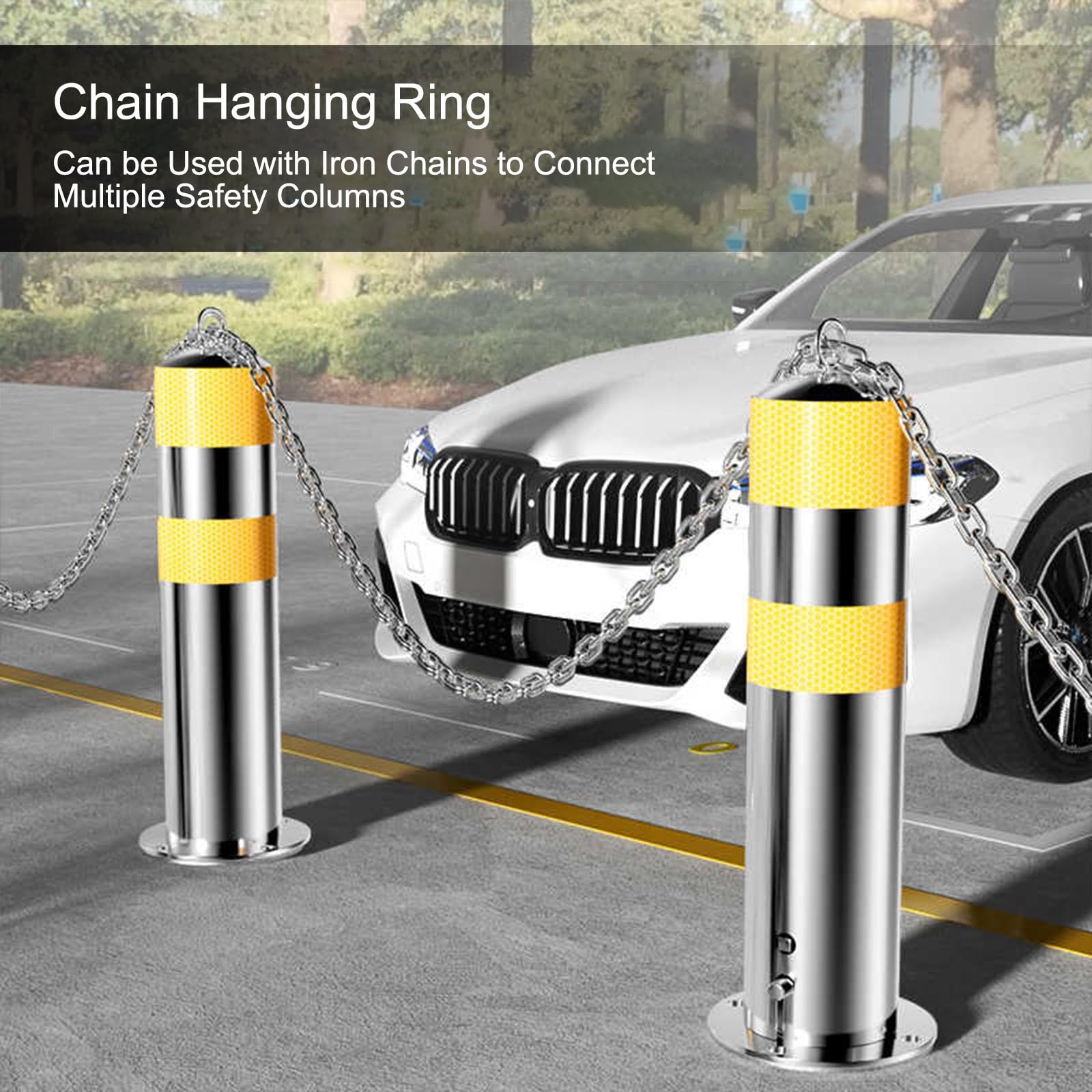 Paletto di sicurezza per parcheggio, diametro 11,4 cm, in acciaio con strisce riflettenti e anello di sospensione, per la sicurezza stradale e dei parcheggi, giallo, 4 pezzi.