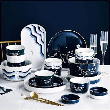 Dinnerware Sets - Luxury Gift Dishes Service Set, Fine China Dinnerware Sets for 6-8, 34-Pieces Porcelain Dishware Sets, Dinner Plates and Bowls Sets, Hand-Painted Cloud Butterfly Style
