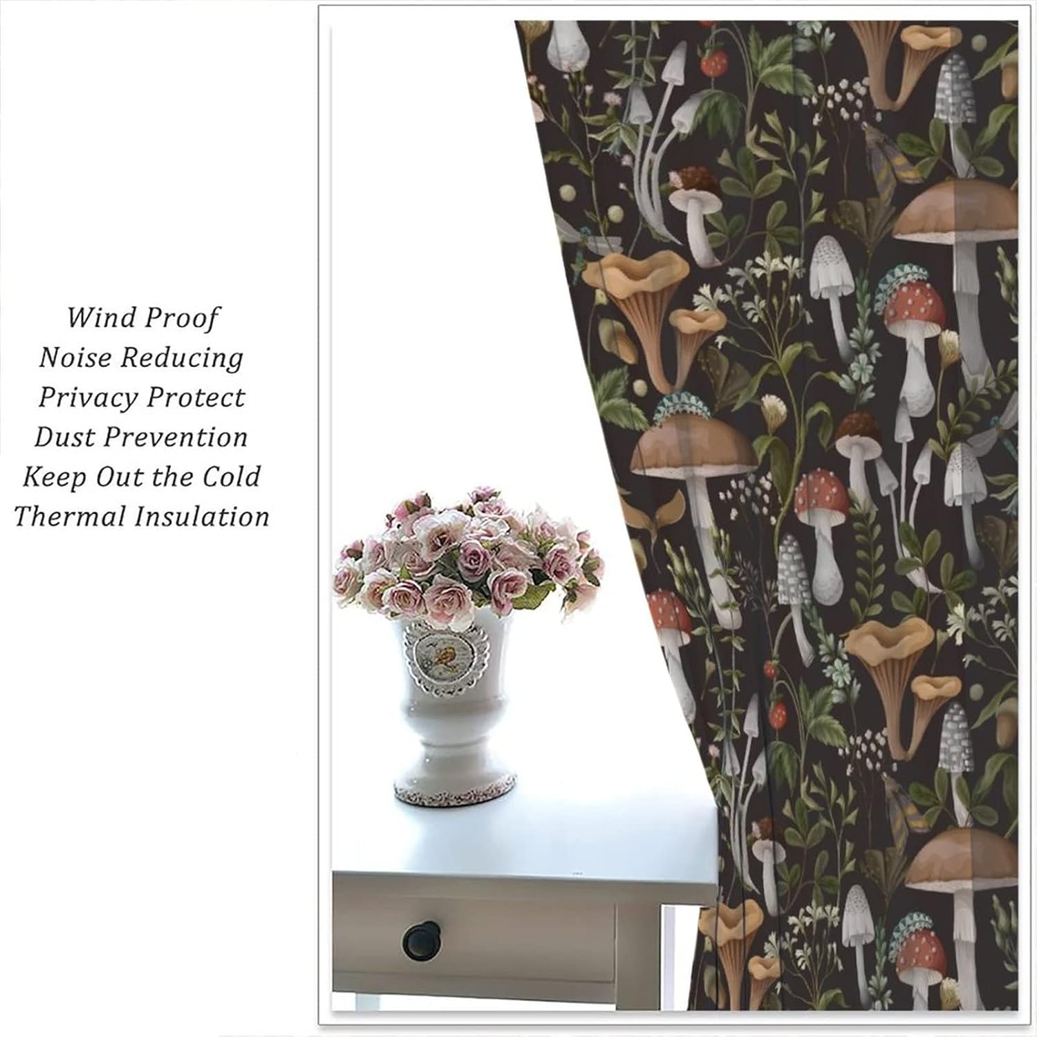 Mushroom Blackout Curtains, Colorful Cartoon Style Abstract Illustration Print Window Treatments for Living Room, Mushroom Seamless Pattern Curtain 2 Panel, 55x63 Inch