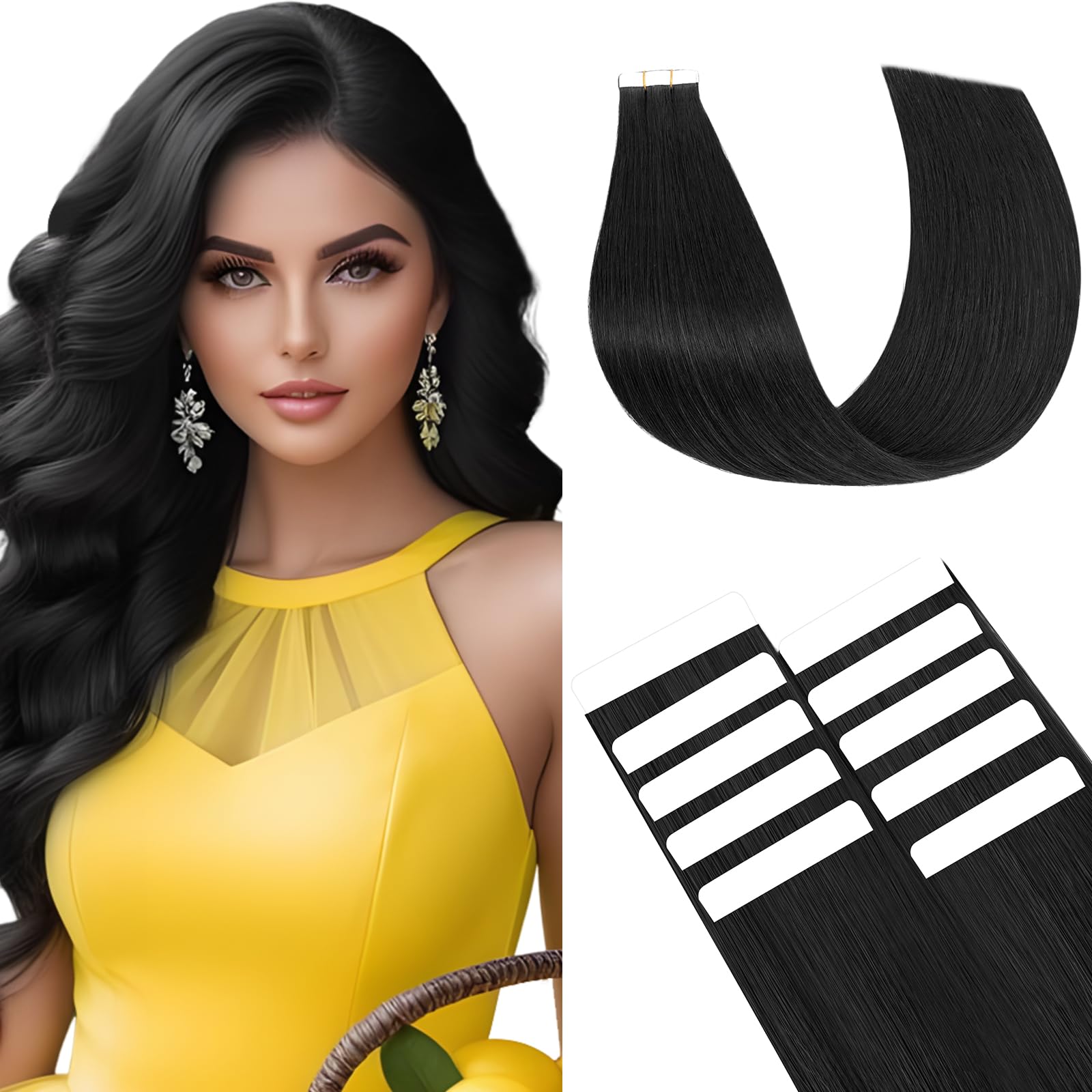 Benehair #1 Jet Black Real Remy Tape in Straight Human Hair Extensions Invisible Seamless Tape in Hair Extensions 12 Inches (10 g)