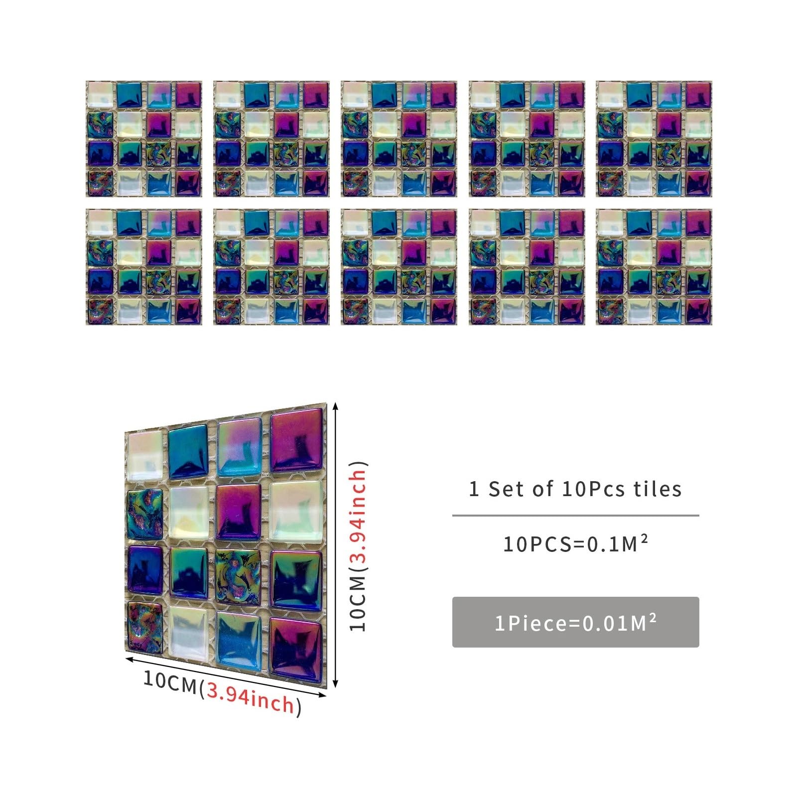 Naklejki imitujące płytki mozaikowe, Mosaic Tile Sticker Multicolor 10x10 cm Self-Adhesive 10/20/50 pcs(Color 1,10x10CMx50PCS)