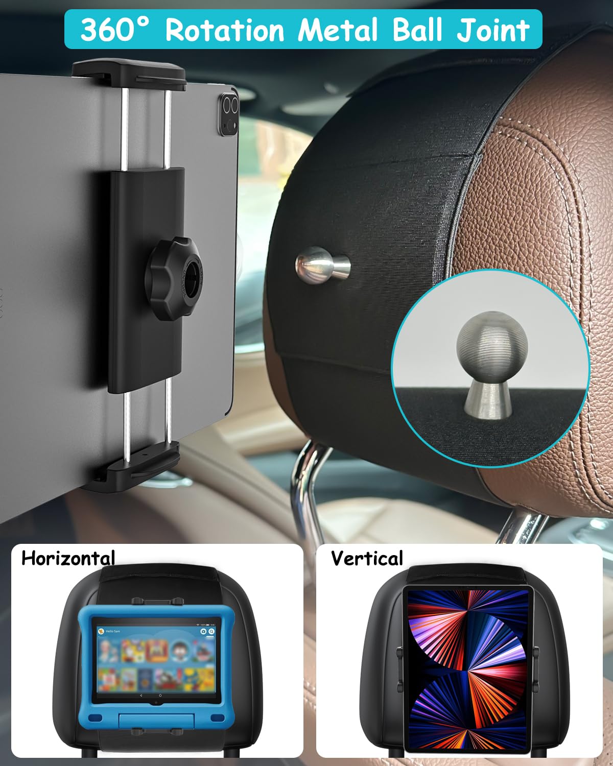 Supporto Tablet per Poggiatesta Auto, Velcro ad Alta Elasticità Supporto Tablet Auto Sedile Posteriore, 360° Rotazione, per iPad Pro Air Mini, iPad 10.9", Galaxy Tab S A, iPhone, 4"~13" Tablet