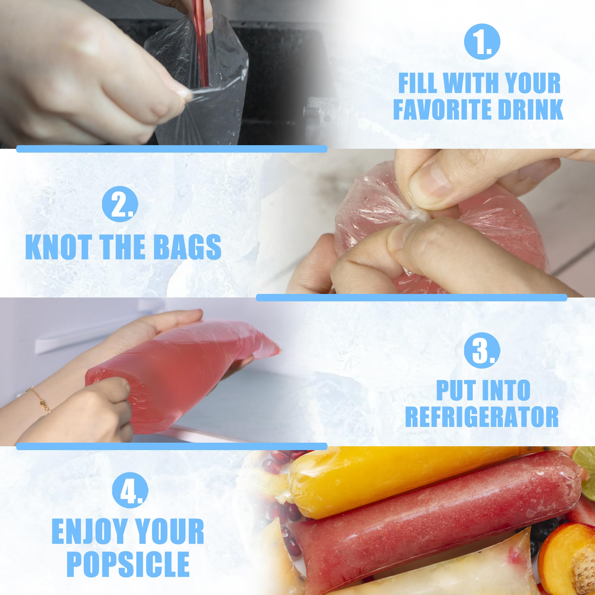 Bolsas de hielo – 100 fundas desechables transparentes de 4 x 12 pulgadas con embudo, tubos de plástico para dulces de hielo para bricolaje, golosinas congeladas caseras, jugo, yogur, palitos 3