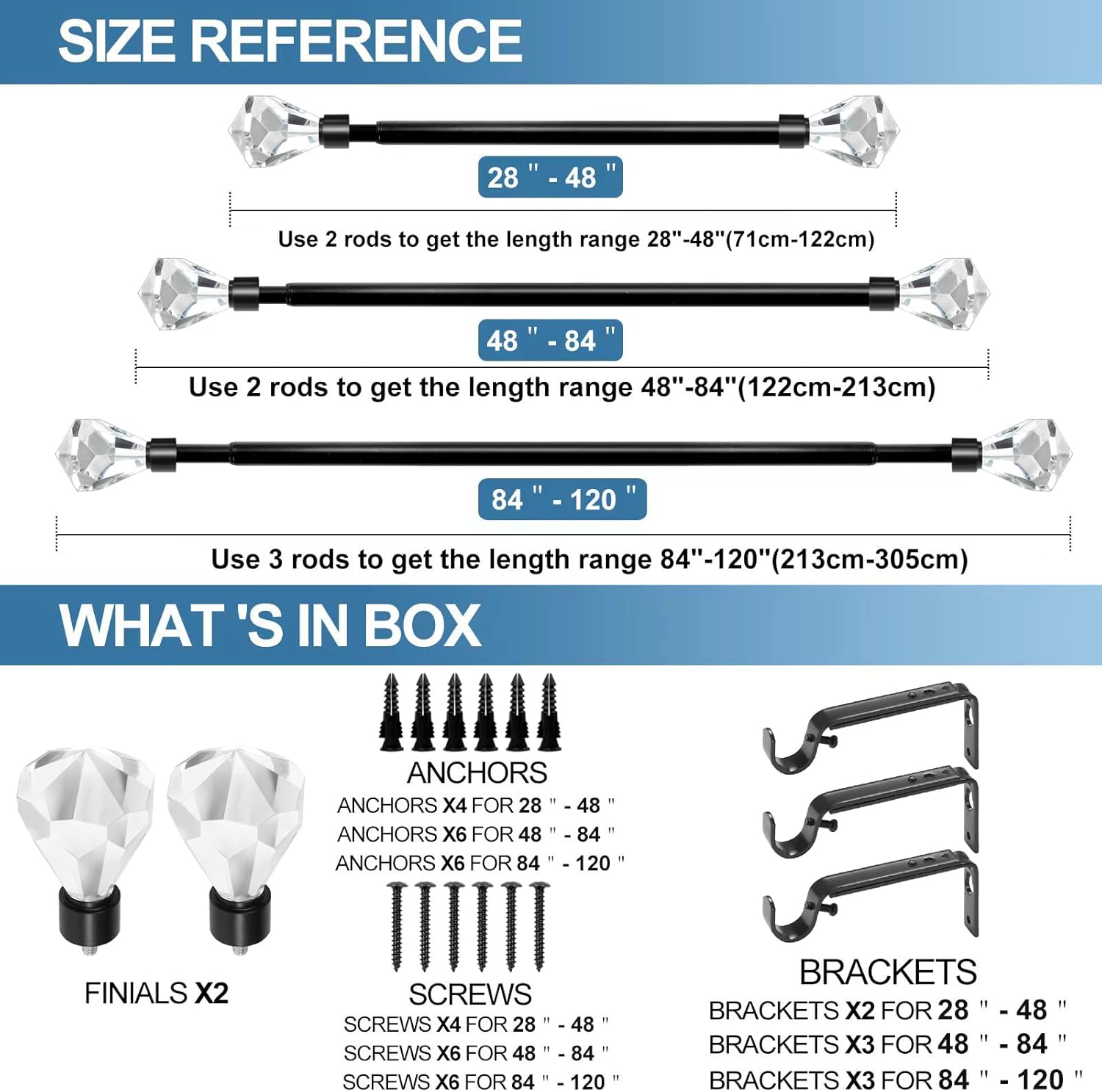 Urbanest Pierre Cut Crystal Drapery Curtain Rod Set 3/4" (Black, 88"-120")