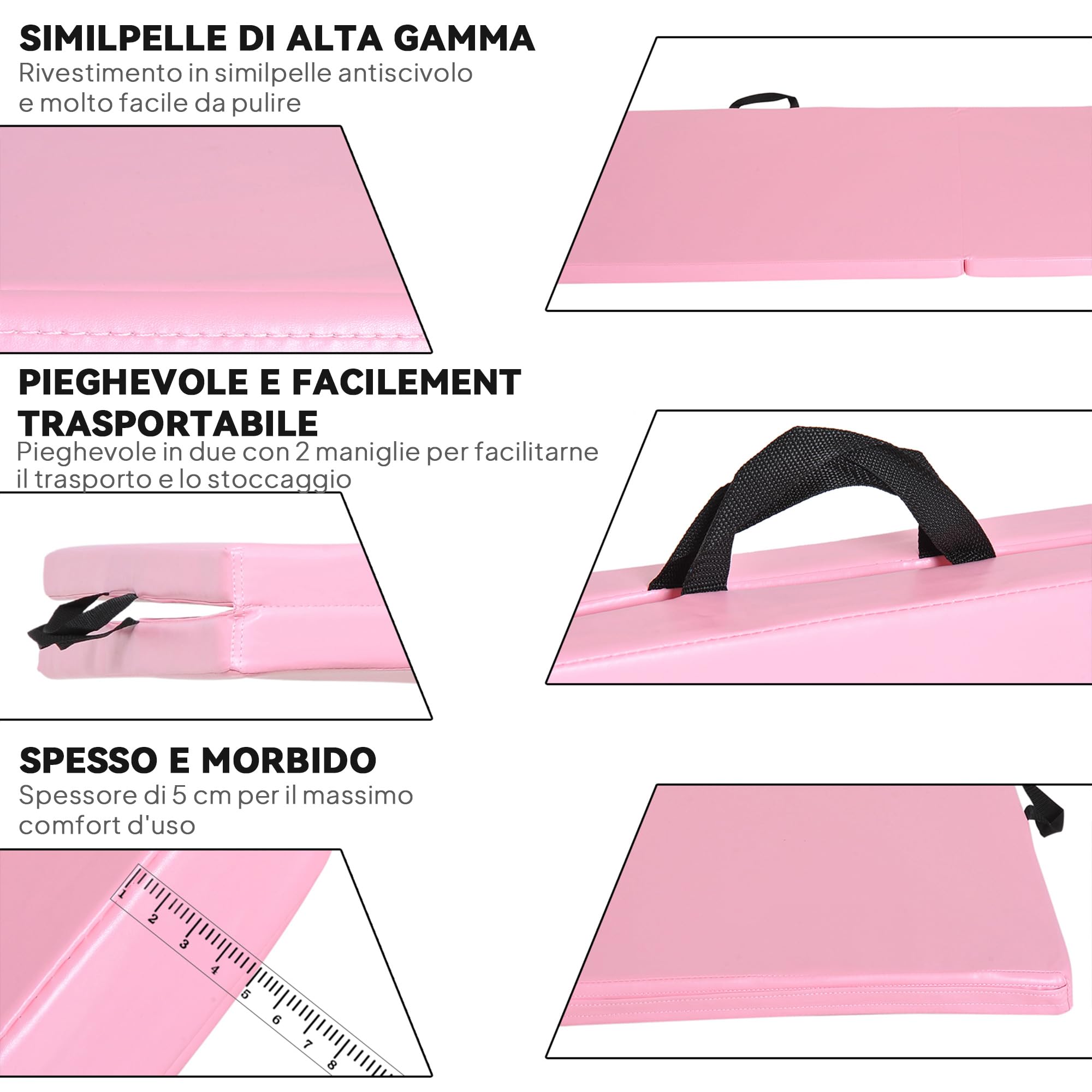 HOMCOM Tappetino da Ginnastica Pieghevole, Materassino Fitness Spesso 5 cm e Antiscivolo, Tappeto da Palestra Salvaspazio per Yoga e Pilates, 180x60 cm, Rosa