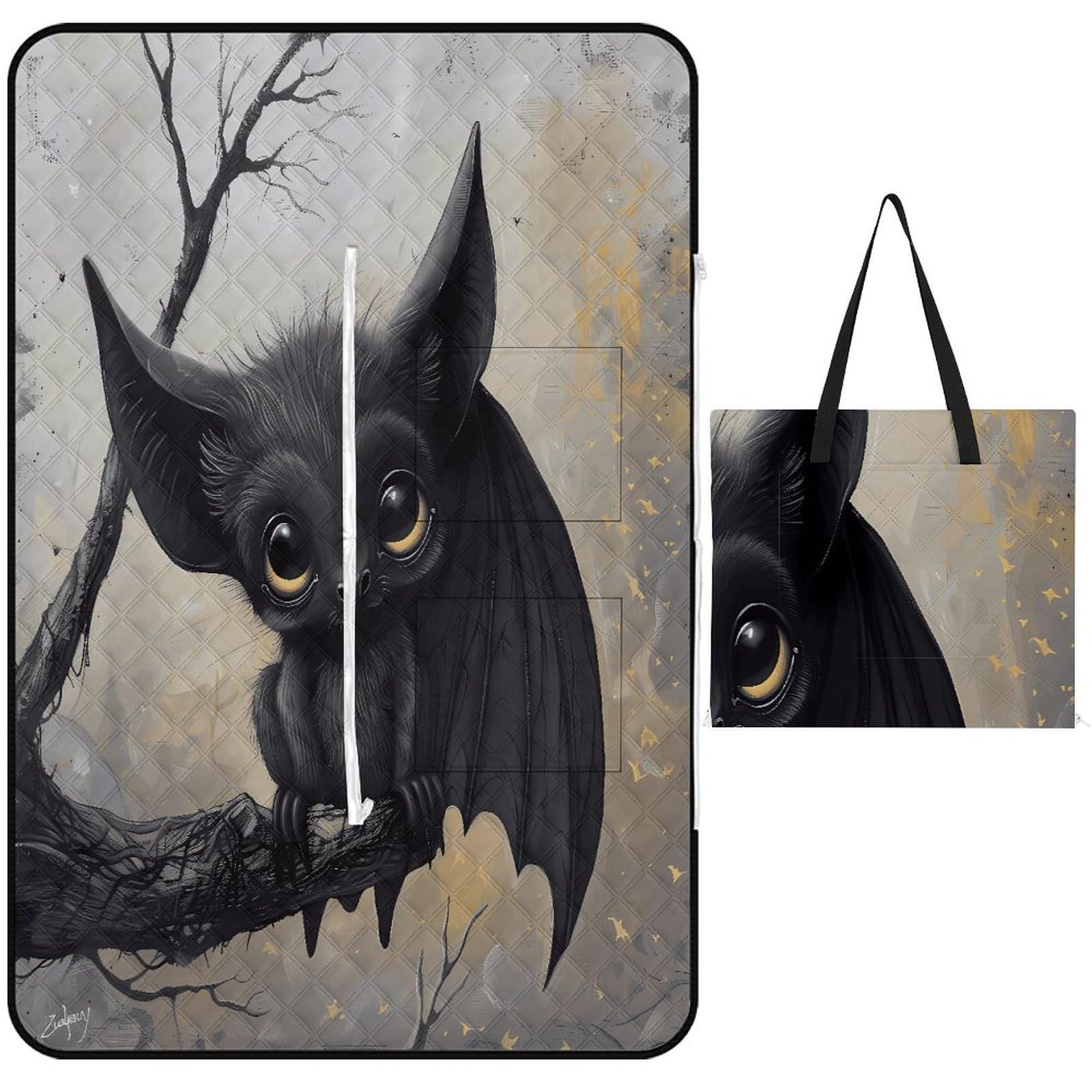 VstaDank Bat Picnic Mat 150x100cm Extra Large Picnic Blanket with Zipper Waterproof Sandproof Beach Blanket Portable Beach Mat Foldable Camping Blankets for Park Grass Lawn Travel