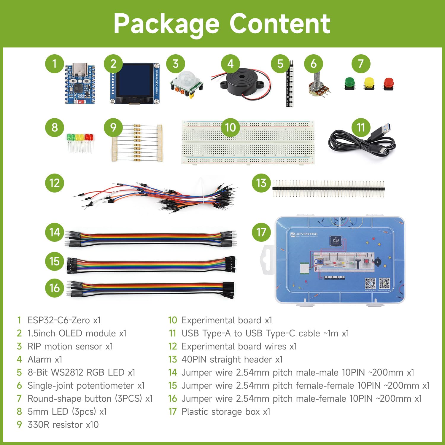 Waveshare ESP32-C6 Series Basic Kit, Quick Start with Rich Tutorials and Resources, Compatible with MicroPython, andnd ESP-IDF Programming,Contains ESP32-C6-Zero Dev Board