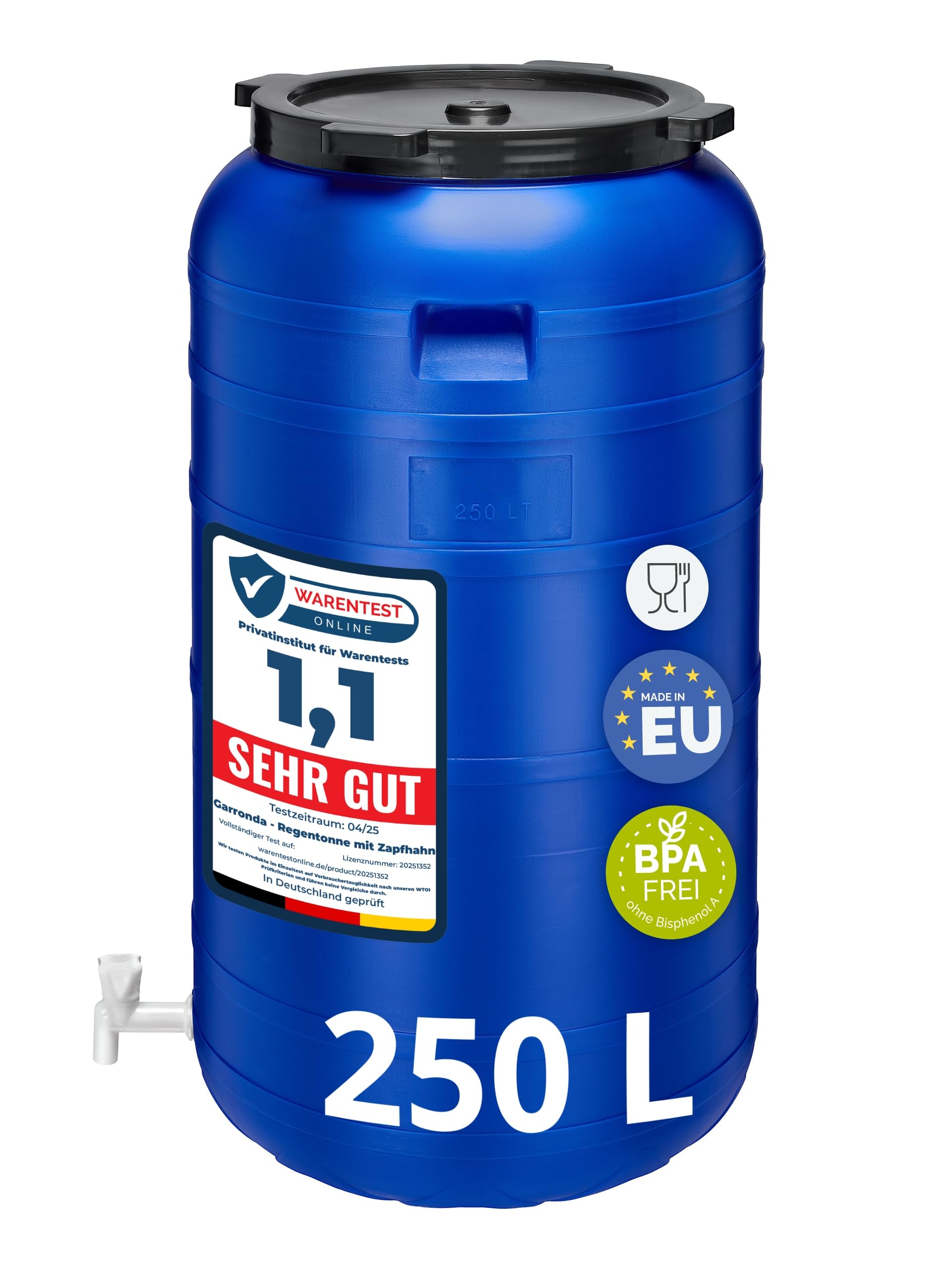 Garronda 250 Liter Weithalsfass BPA-frei Futtertonne Fass mit Hahn Universalfass Lebensmittel Fass Regenfass für Garten Regentonne mit Deckel Regenwassertonne für Garten Wassertonne GD-0092 Blau