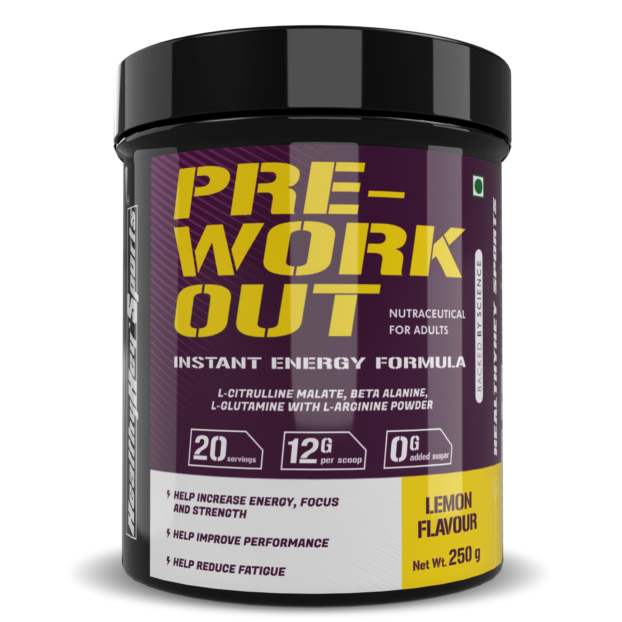 HealthyHey Sports Pre-Workout, Pump, Energy, Strength Drink Powder|Intense Sustained Energy|L-Citrulline, L-Arginine, Beta Alanine, Caffein, Glutamine & Sodium|250 Gram
