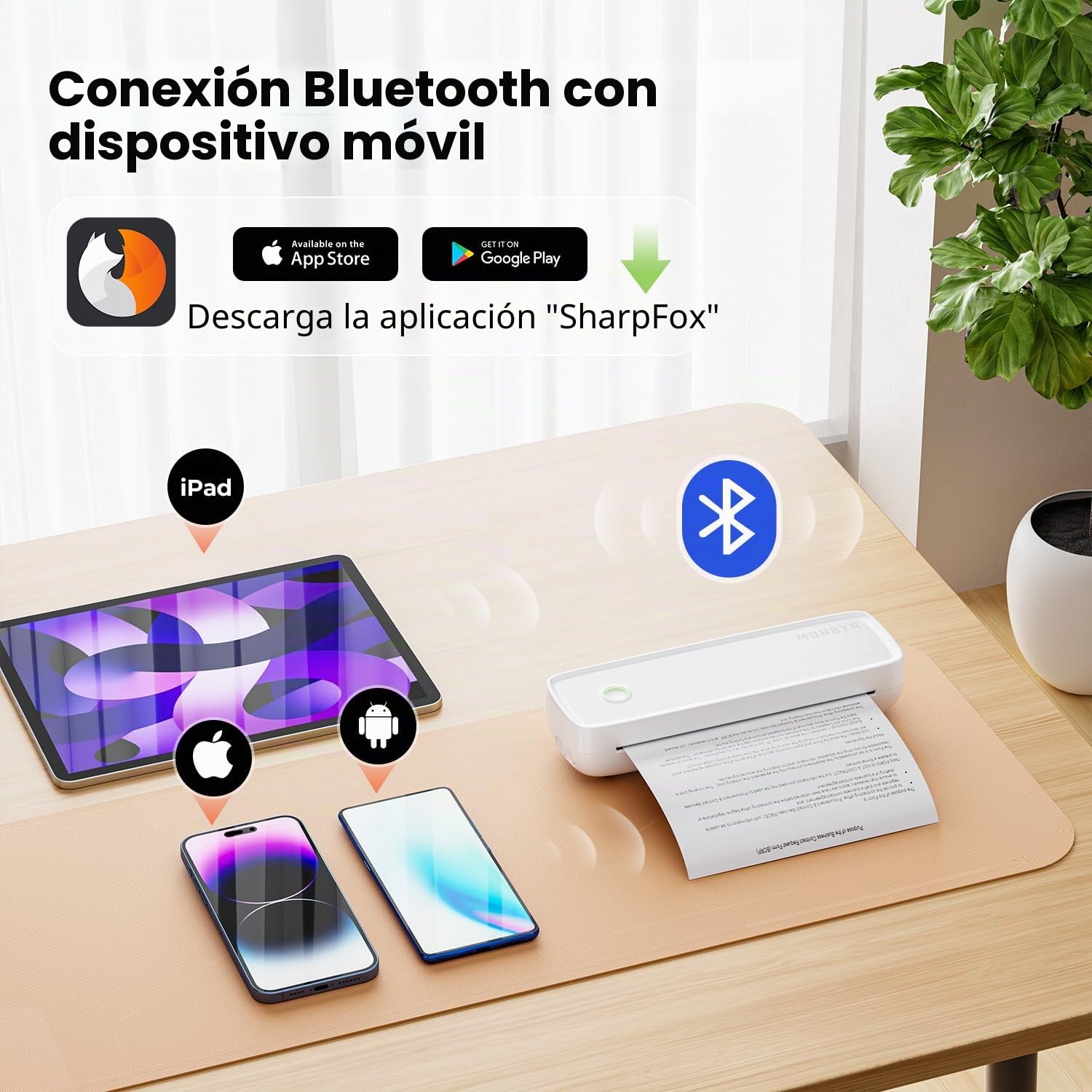 MUNBYN Impresora Portátil Inalambrica, Impresora Bluetooth A4, Compatible con teléfonos Android e iOS y Portátil, Papel Impresora A4/4''/3''/2'', ITP04, Blanco
