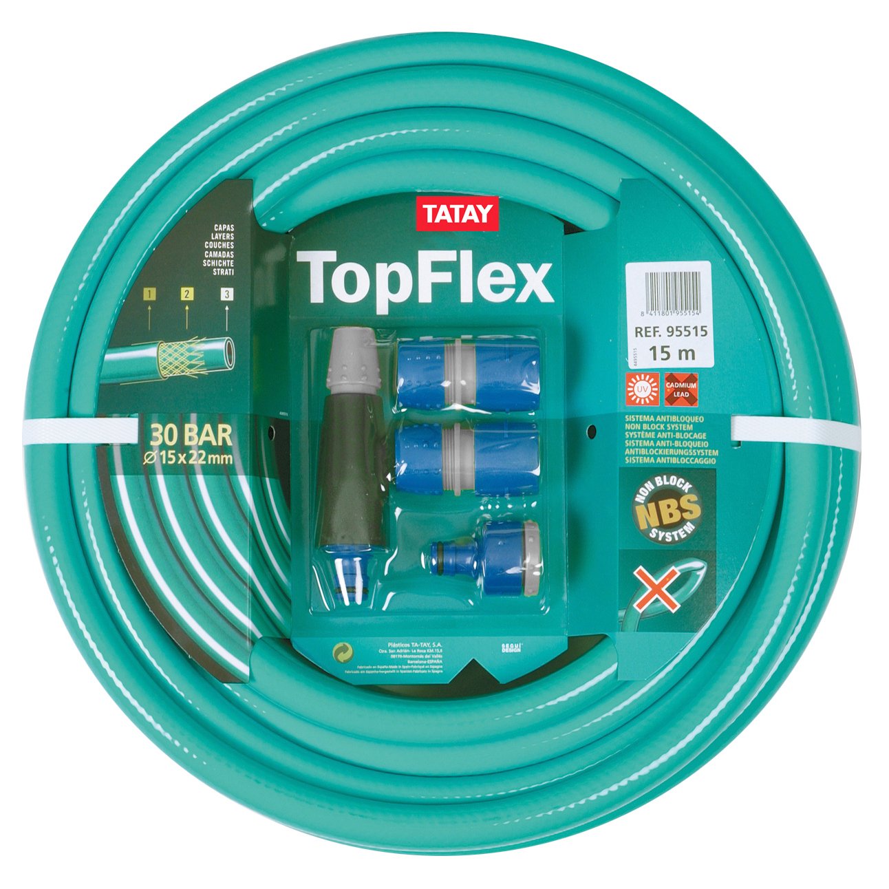 TATAY Kit Manguera Jardín Top Flex 15 m Ø5/8" 15mm Anti-UV Hecho en España | Kit Manguera Jardín | Resiste 30 Bares | Rango +60°/-20° | Refuerzo Trenzado | Sin Cadmio/Plomo | Sin BPA | 3 Capas, Verde