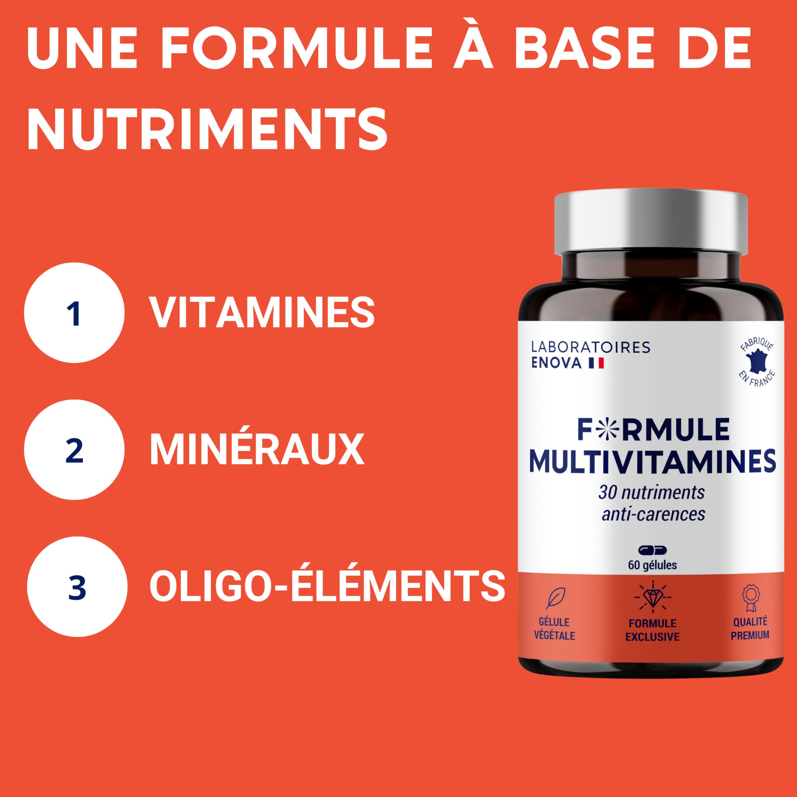 FORMULE MULTIVITAMINES et Minéraux 30 Nutriments | Vitamine A B C D E K, Quercetine, Magnesium, Zinc, Coenzyme Q10, Selenium | Complement Alimentaire | Fabriqué en France | 60 gélules