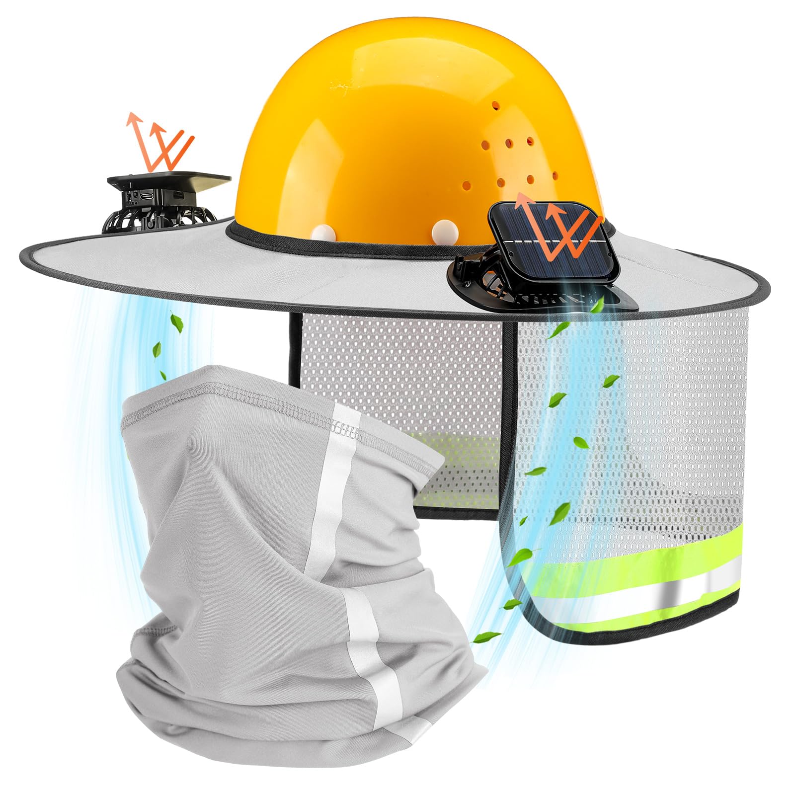 1 Set Sun Hard Hat Shade Full Brim Hard Hat Sun Visor with Solar Fans and Neck Sunshade Cover High Visibility Full Brim Mesh with Reflective Strip,