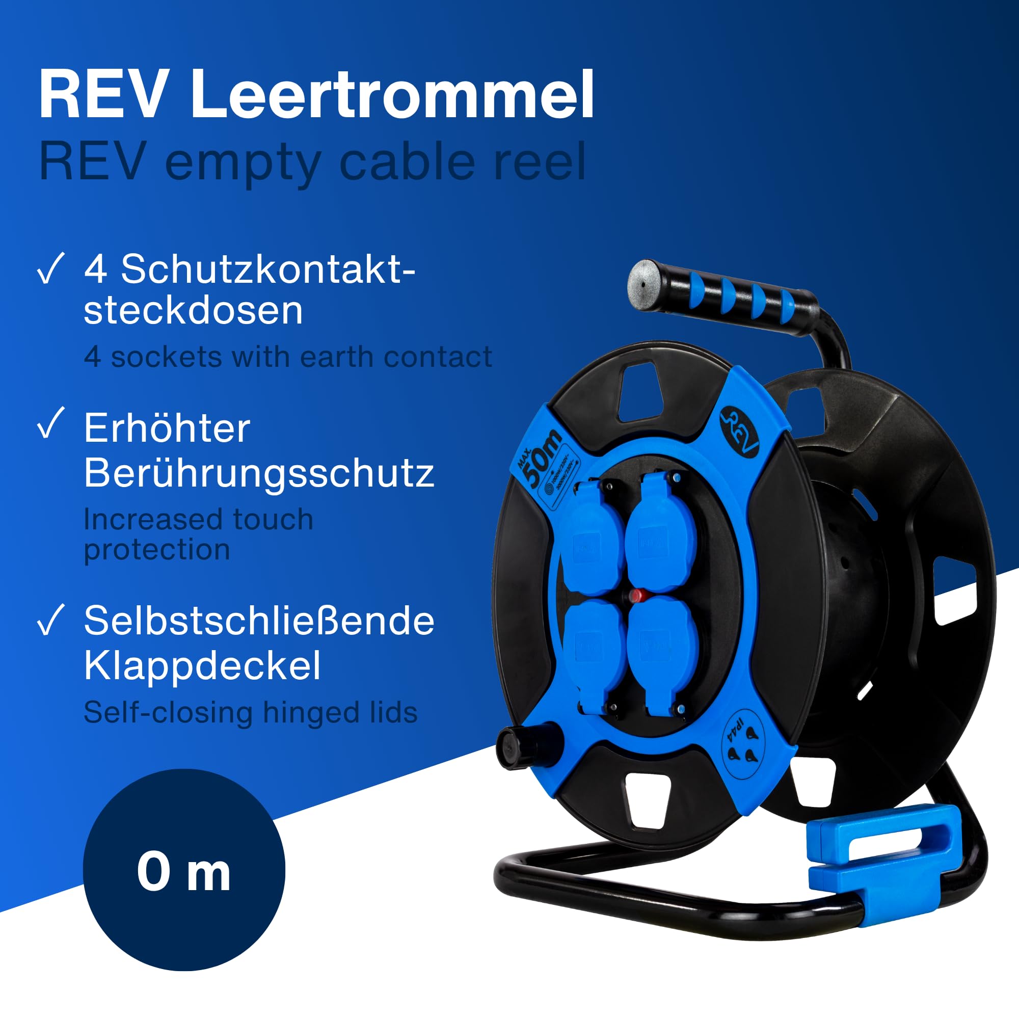 REV Enrouleur de câble sans fil IP44 extérieur 4 prises Schuko sans fil Bleu