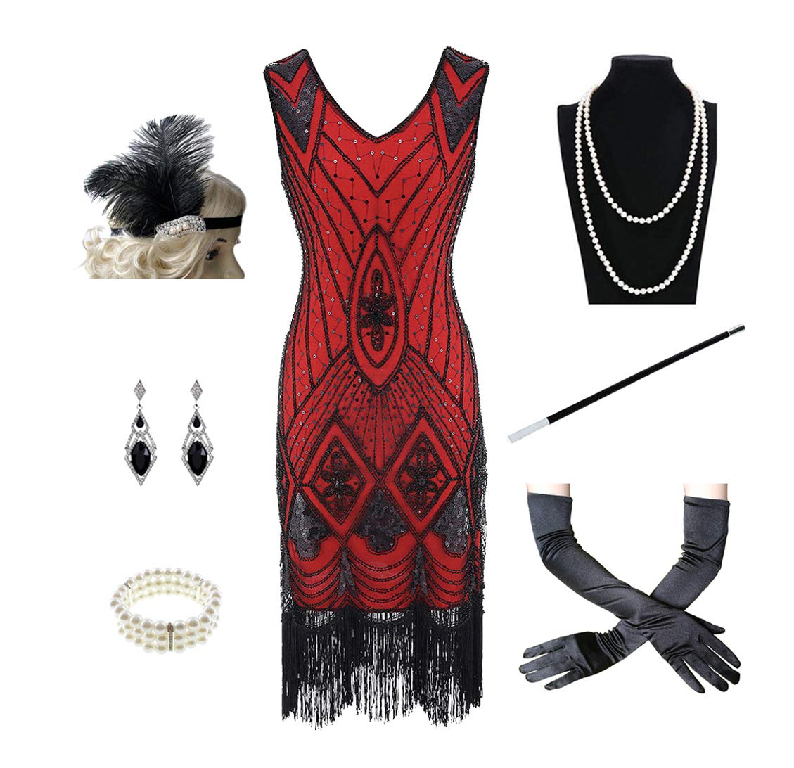 1920s Women's Gatsby Costume Flapper Dresses V Neck Fringed Dress with 20s Accessories Set of 7