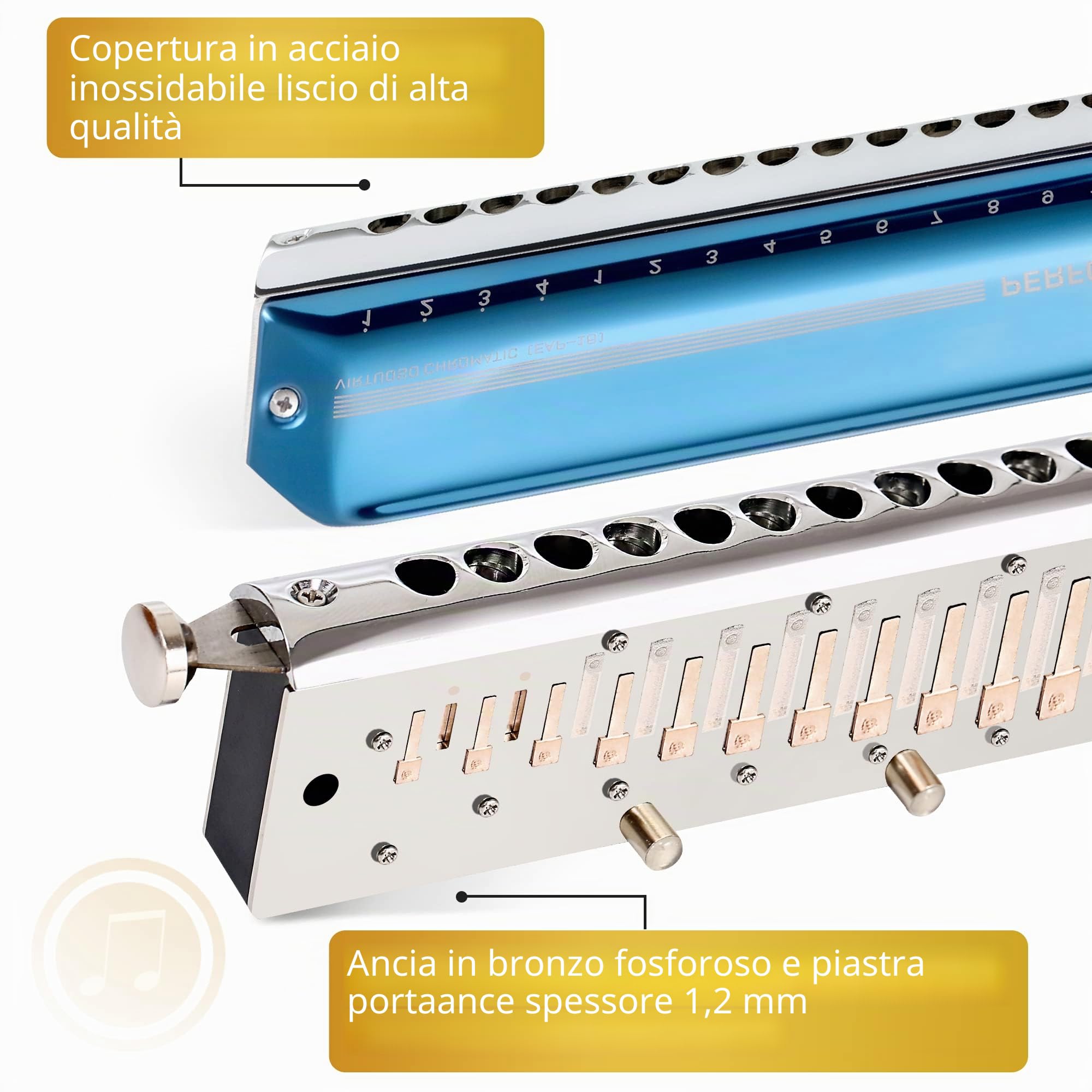 East Top Upgrade Armonica cromatica Chiave di Do ， 16 fori 64 toni Armonica professionale per adulti, studenti e amanti dell'armonica con coperchio blu (EAP-16)