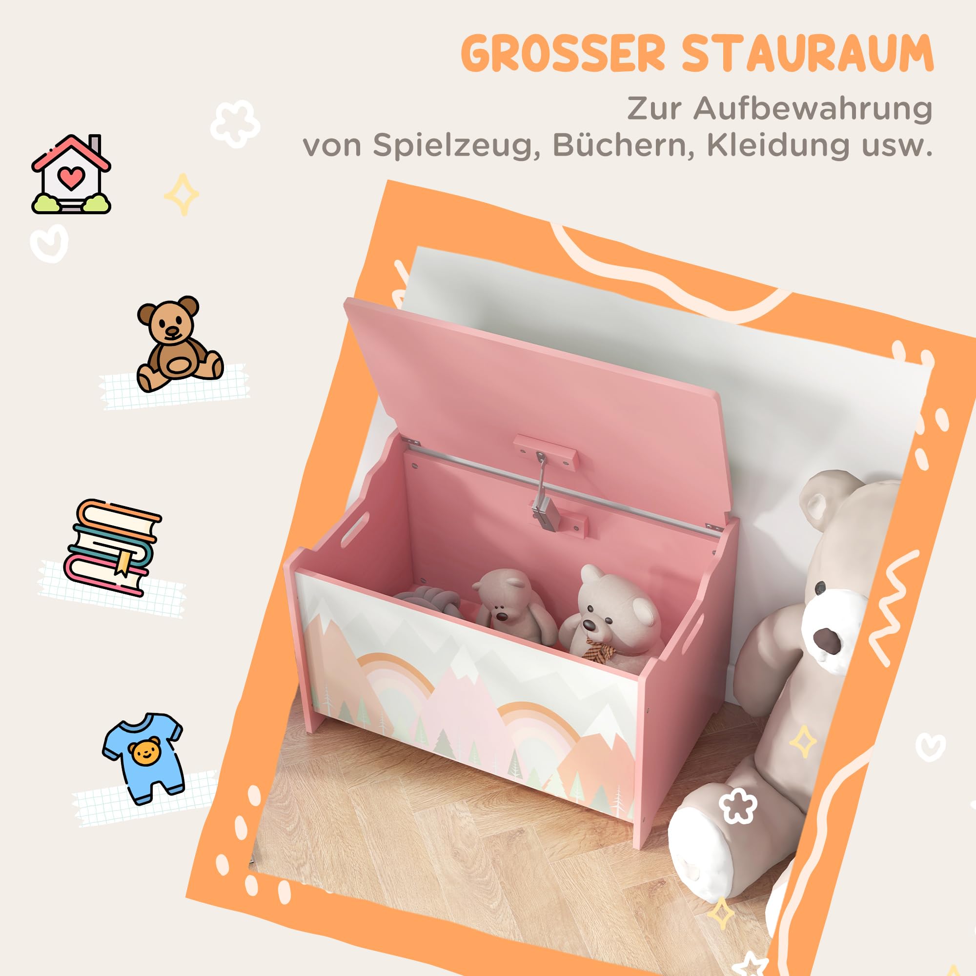 ZONEKIZ Baúl de juguetes con tapa abatible 60x37x39cm Rosa | Baúl juguetes con bisagra seguridad, diseño animal lindo y asa, para habitación infantil