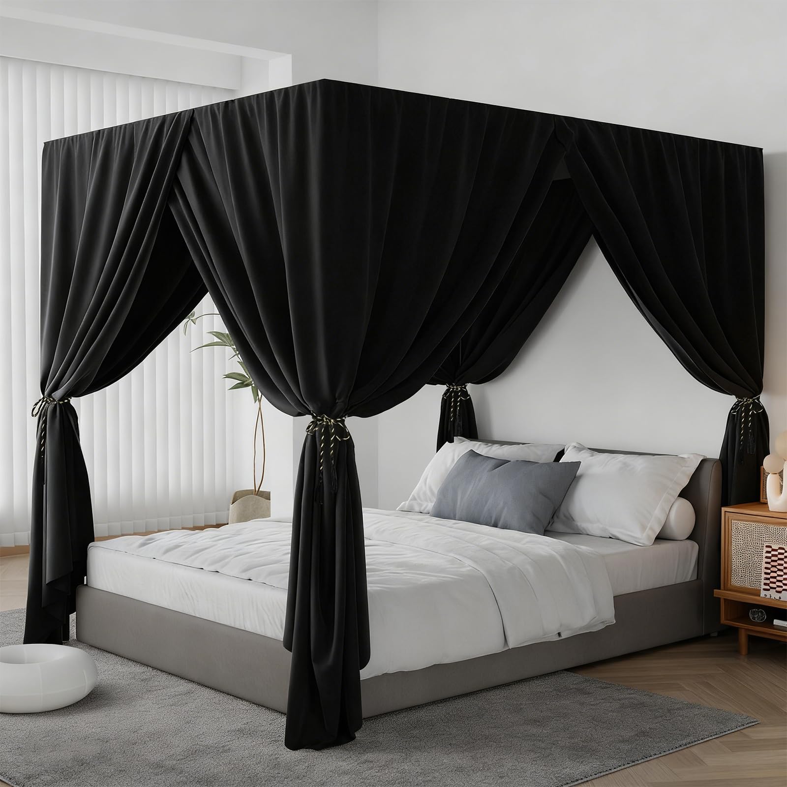 Yrdkb Women's Black Canopy Bed Curtains - 4 Corner Post Bed Curtains King Lightproof Siamesed Drapes Bed Canopy For Adults & Girls Bedroom Decoration(,King)