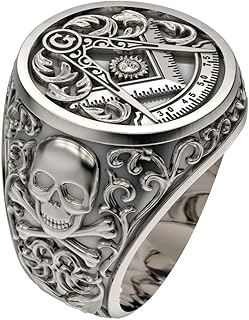 Skull Viking Freemason Masonic Band Ring Compass Hip Hop Vintage Statement Masonic Punk Biker Gift Gothic Mason Flying Double Eagle Jewelry Ring 14k White Gold Finish 925 Sterling Silver, Precious Metal, No Gemstone