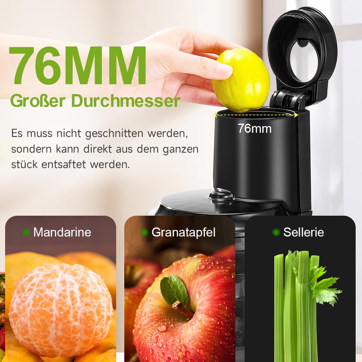 Wiltal Slow Juicer, Elektrischer Entsafter für Obst, Gemüse, Granatapfel, Zitrusfrüchte, Sorbet. 76-mm-Futterschacht mit Weitem Mund, BPA-frei, 150 W, Schwarz Weiß