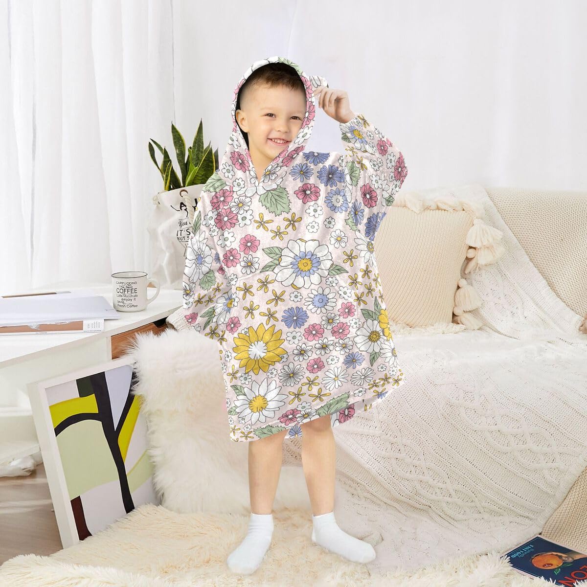 Kwiatowy vintage dziecięcy koc do noszenia bluza z kapturem oversize bluza koc sweter wiosna kwiat dla chłopców dziewcząt w wieku 3-14 lat