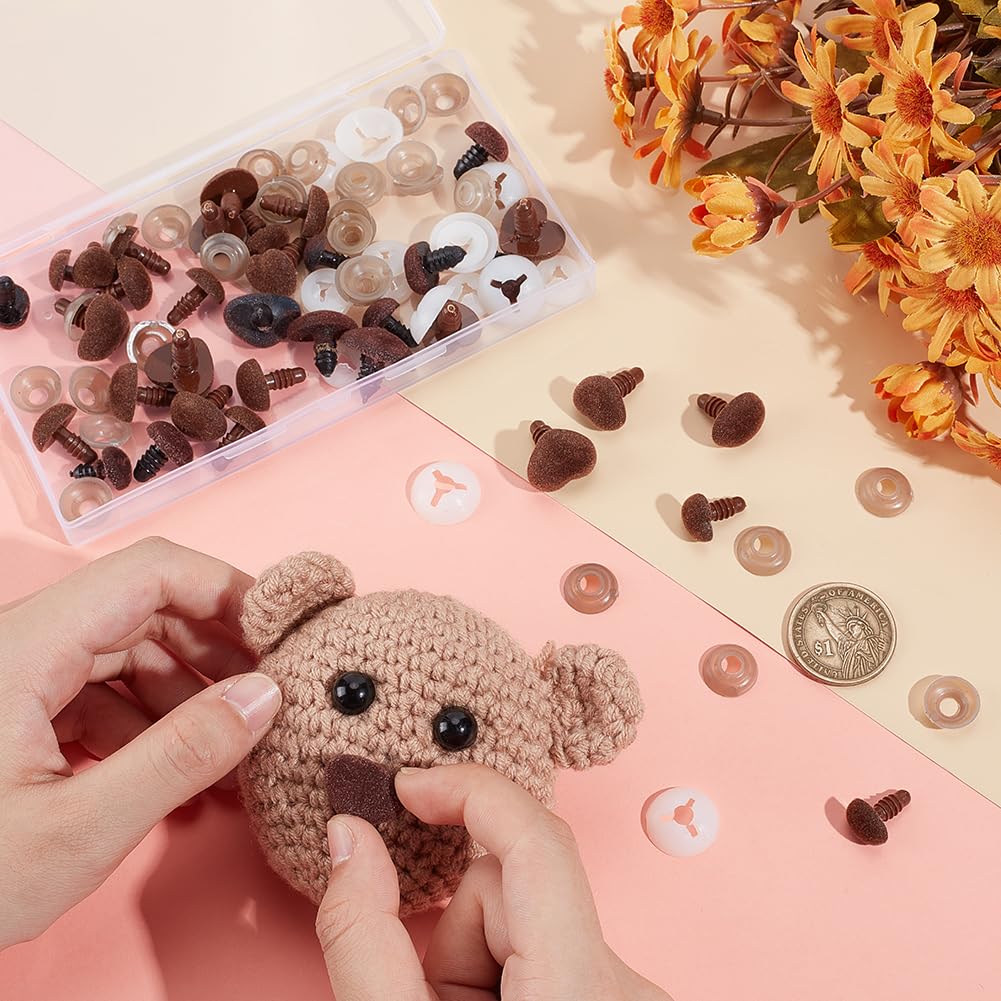 PH PandaHall 36 Sets Flocking Safety Noses 3 Styles Brown Amigurumi Noses Heart Velvet Noses Crafts Stuffed Crochet Animal Noses with Washers for DIY Sewing Crafting Puppets Bear Plush Animal Crochet - Image 3