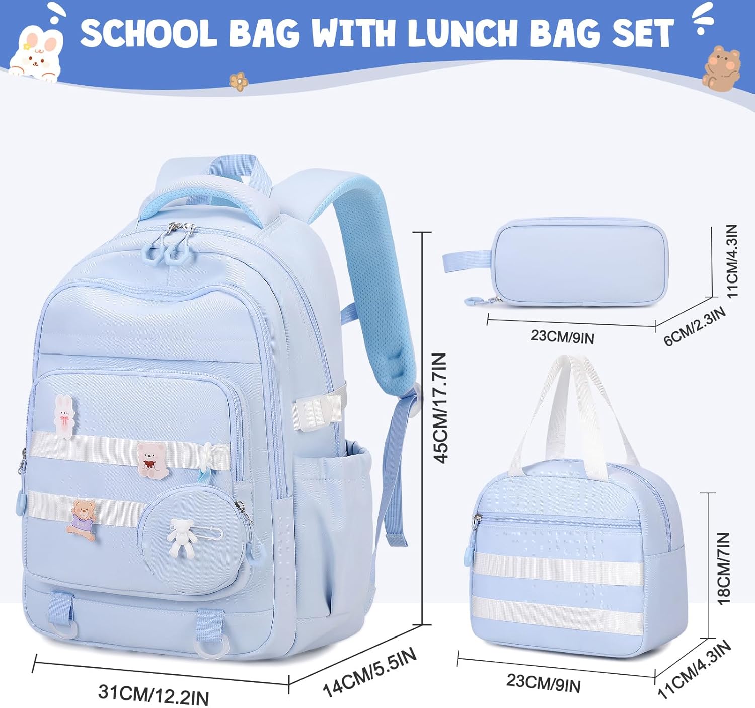Backpacks for Girls - 4PCS Girls Backpack with Lunch Bag & Pencil Pouch Coin Pruse for Teens Kids Elementary Middle High School College Student Bookbag Daypack (Blue) - Image 2