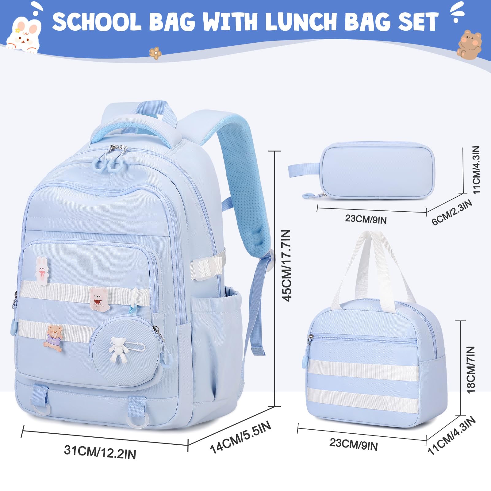 ACESAK Backpacks for Girls - 4PCS Girls Backpack with Lunch Bag & Pencil Pouch Coin Pruse for Teens Kids Elementary Middle High School College Student Bookbag Daypack (Blue)