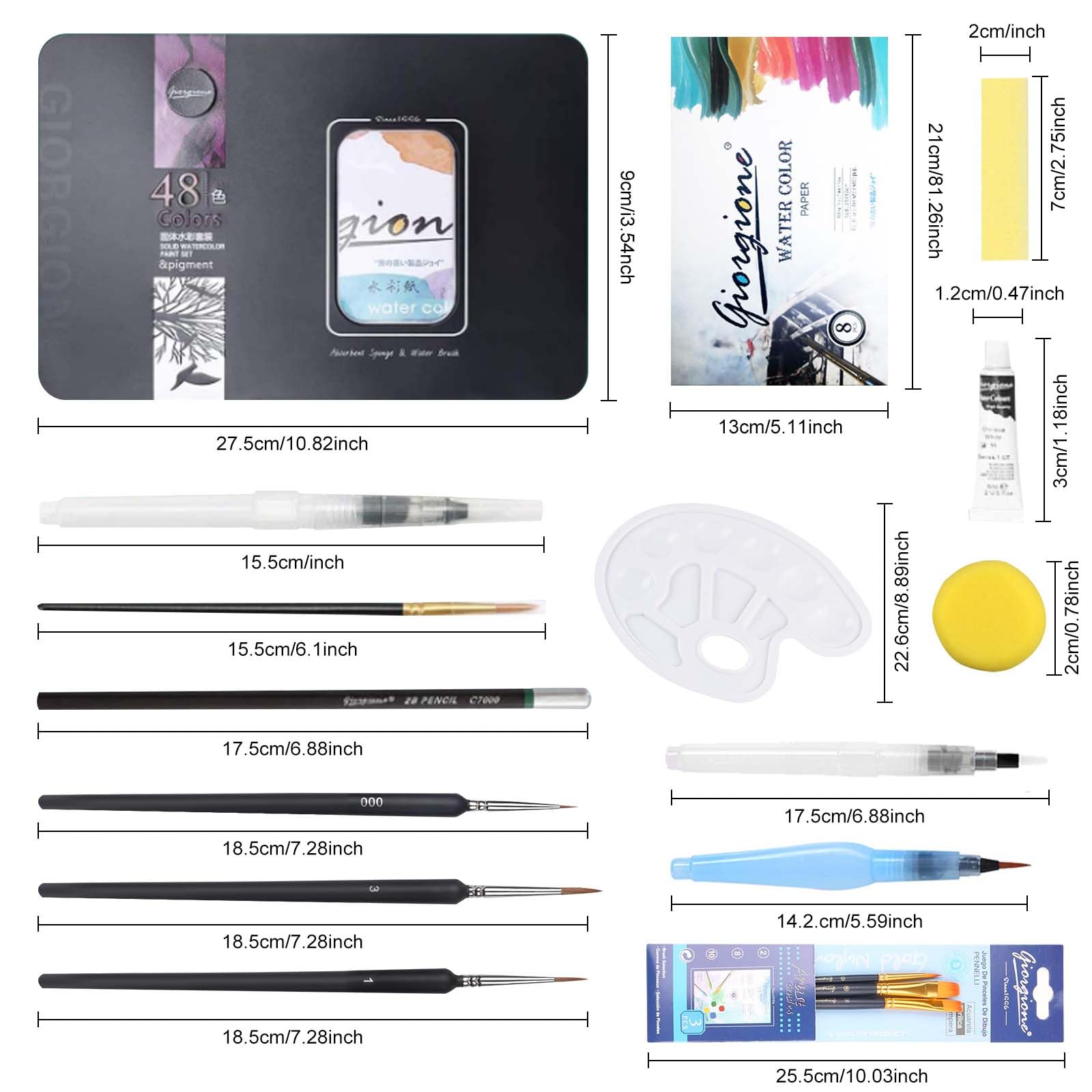 Juego de Acuarelas Profesionales 48 Colores,Set De Pintura De Acuarela,Incluyendo Pincel y Pinceles de Agua,Paleta Acuarela,etc,para Principiantes y Profesionales