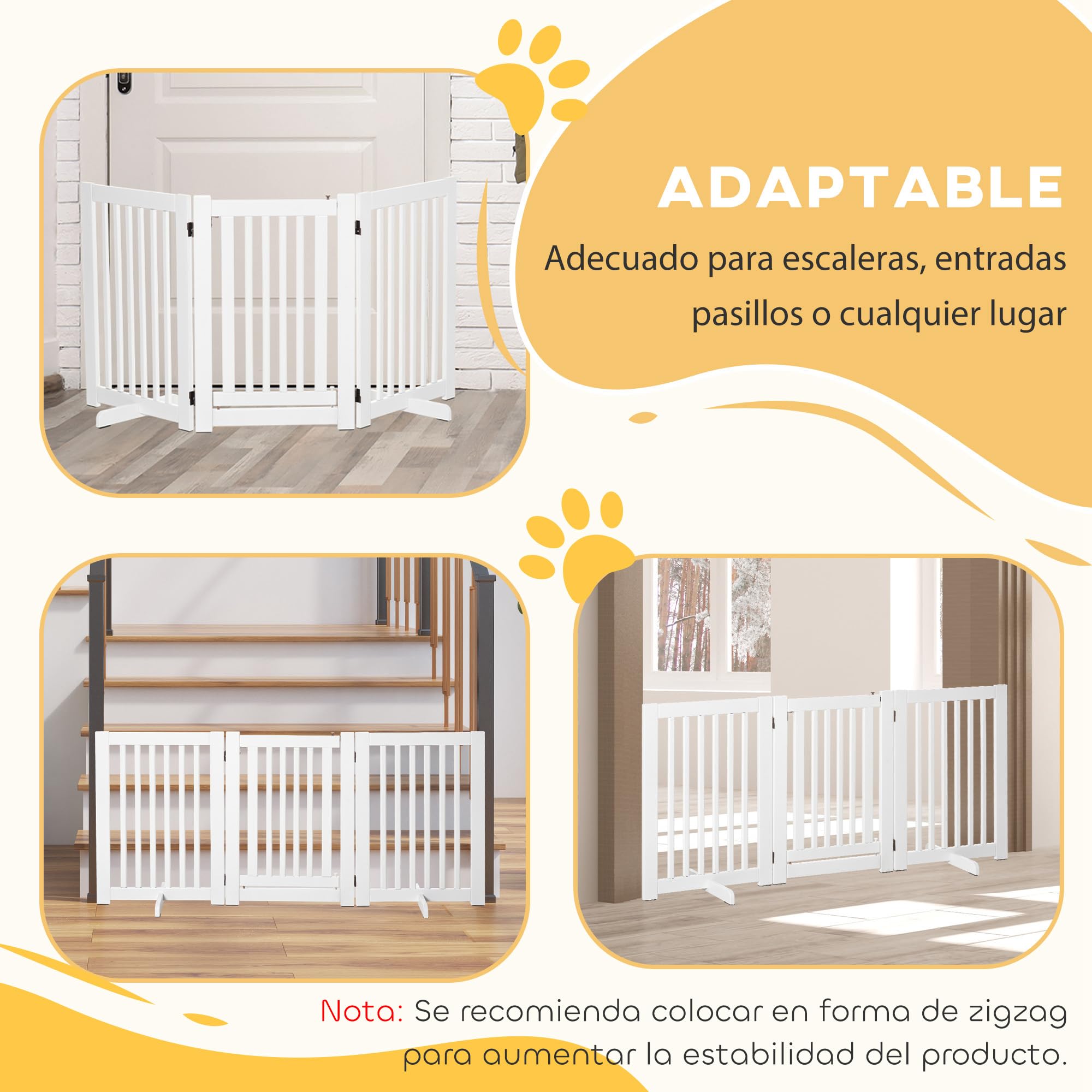 PawHut Barrera para Perros de Madera Valla para Mascotas 155x76 cm Blanco | Plegable, de 3 Paneles, con 1 Puerta, Patas de Apoyo, para Pasillo Escalera