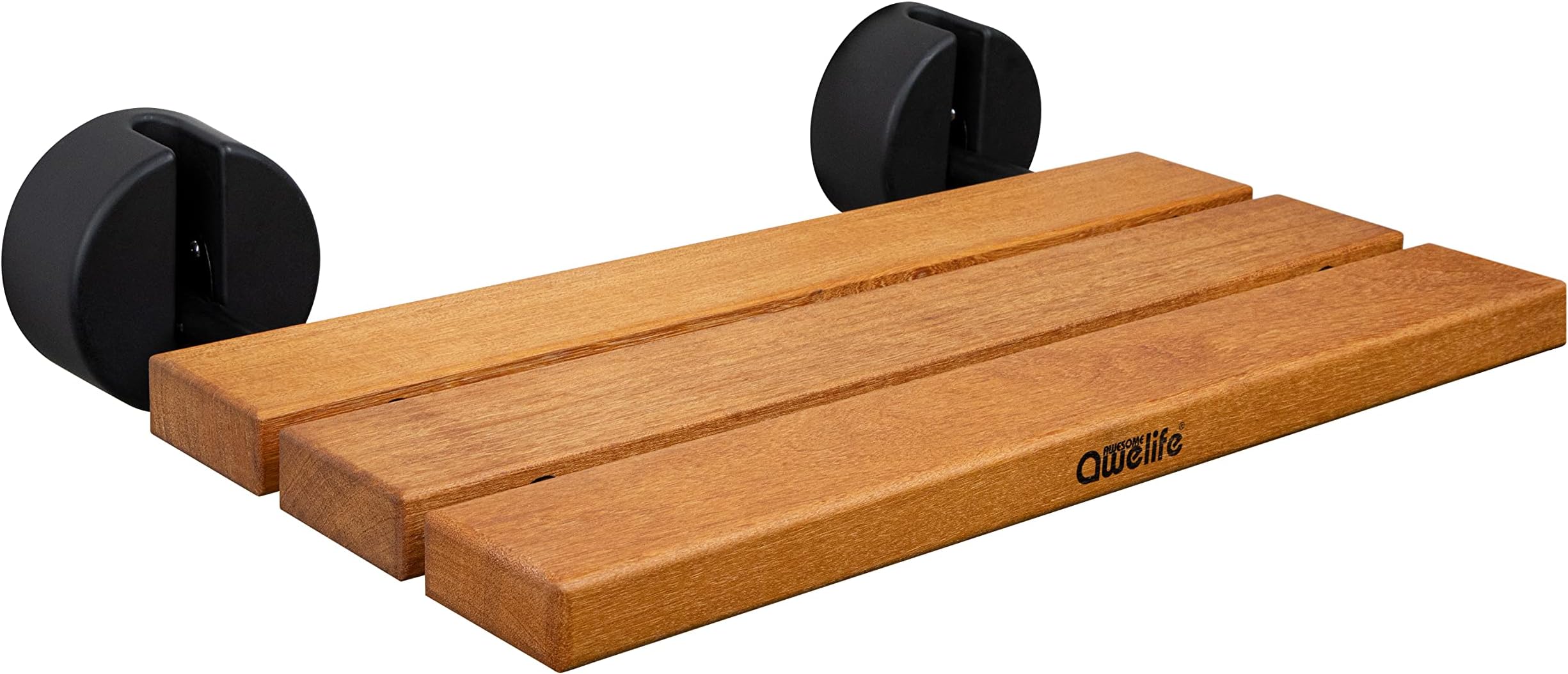 20" Folding Shower Seat Wall Mounted, Fold Down Teak Shower Bench for Small Shower Space, Home Care Teak Wood Stool for Inside Shower with Matte Black Fitting