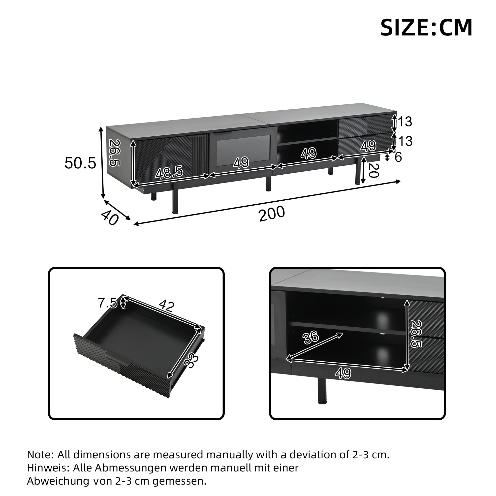 Mueble bajo para TV de 200 cm con 2 puertas y 2 cajones, elegante armario para TV de 80 pulgadas, para salón, mesa de TV, soporte de TV, color negro