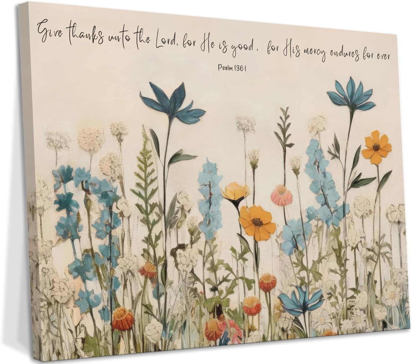 DUWQU Christian Floral Scripture Canvas Wall Art, Psalm 136:1 Bible Verse Art Wall Decor, Religious Faith Flower Art Prints for Living Rooms Bedrooms Offices and Home Decoration 16x24 inches Horizontal Wrapped Canvas 24L" x 16W"