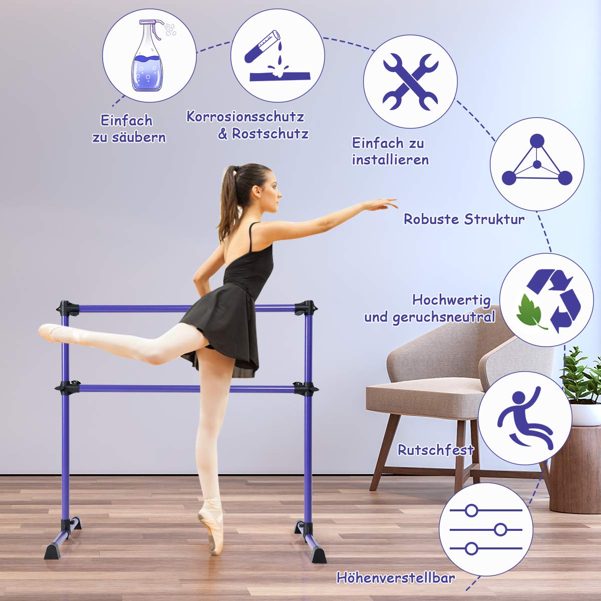COSTWAY Ballettstange freistehend, Ballet Bar höhenverstellbar, Ballett Barre aus Eisen, Stretch Barre bis 50KG belastbar, ideal für Kinder und Erwachsene