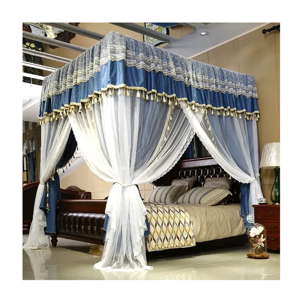 Double Bed Canopy Mosquito Net, 4 Corner Post European Bed Curtain with Bracket, Girl's Room Princess Room Bedroom Decor