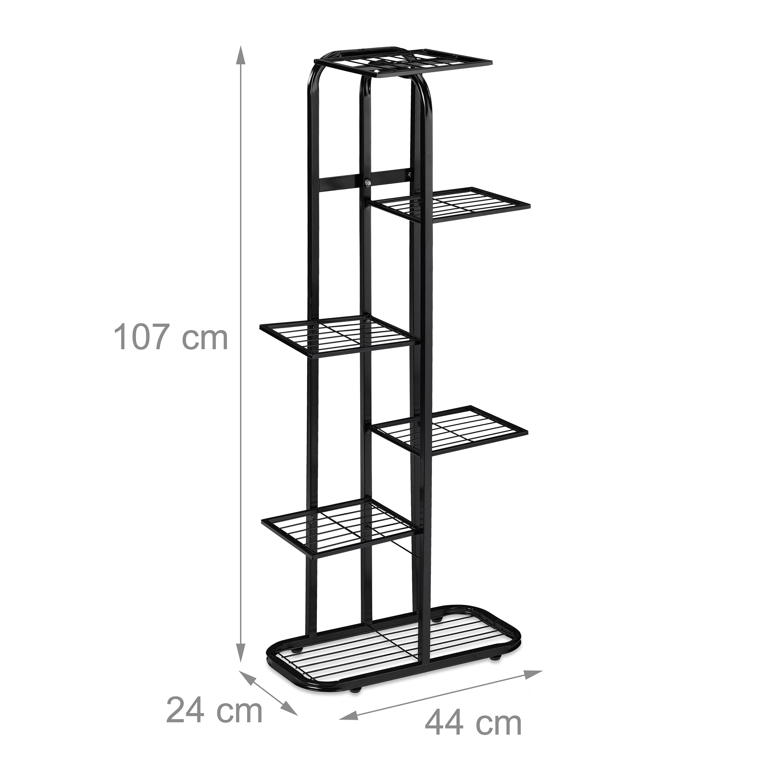 Relaxdays Metalowy stojak na kwiaty, 6-stopniowy stojak na kwiaty, do użytku wewnątrz i na zewnątrz, wys. x szer. x gł.: 107 x 44 x 24 cm, regał na rośliny, czarny