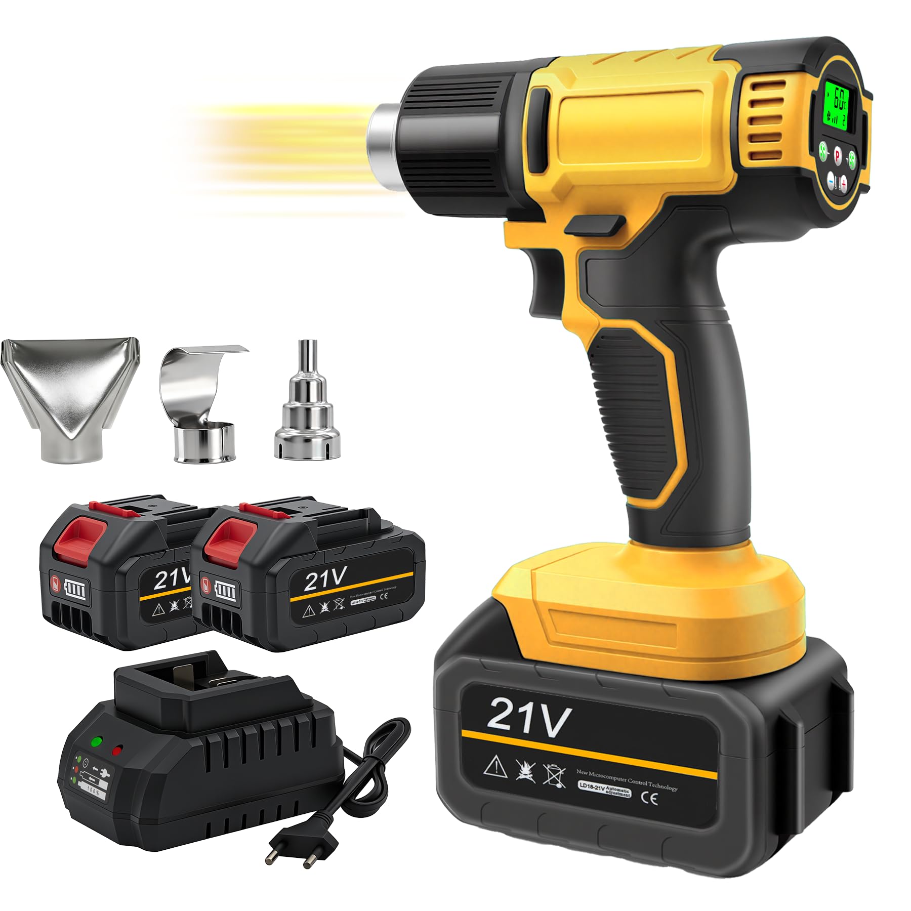 Display LCD Pistola Aria Calda con 2 Batterie da 2.0Ah, Pistola Termica a Batteria a 4 Velocità con Temperatura Regolabile 60-540℃, 3 Ugelli Inclusi per Saldatura, Piegatura di Tubi, Sverniciatura