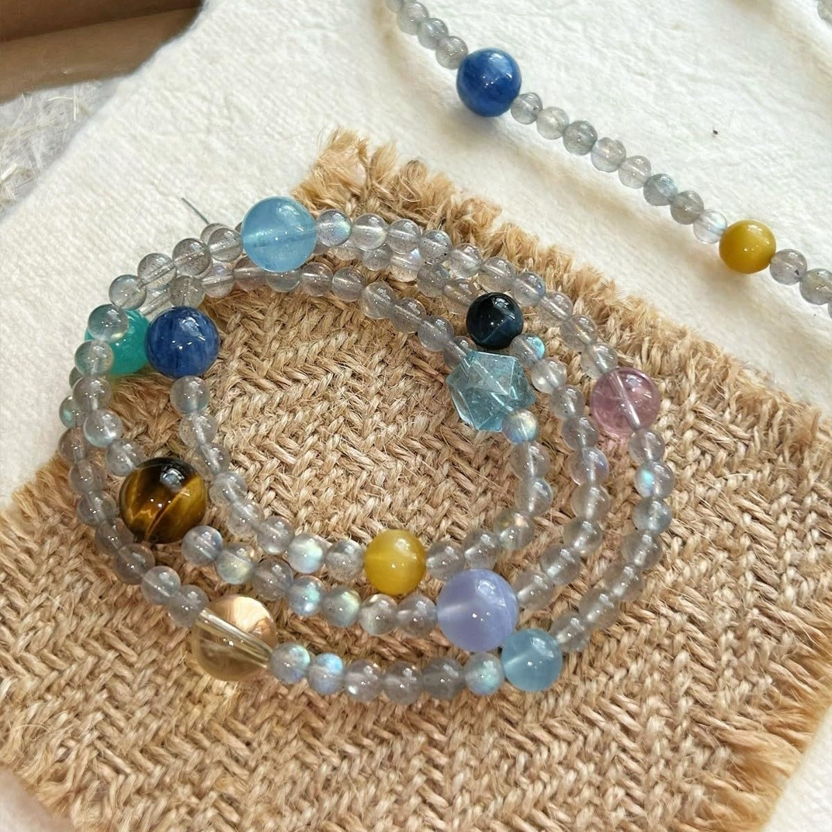 Bracelet Perles Bracelet Triple Rang Multicolore En Pierre De Lune Grise Et Aigue Marine